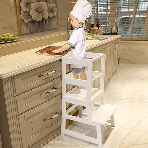 Miniatura 1 de WOOD CITY Taburete de cocina para niños con tapete antideslizante torre de taburete para aprender taburete de madera para niños pequeños para