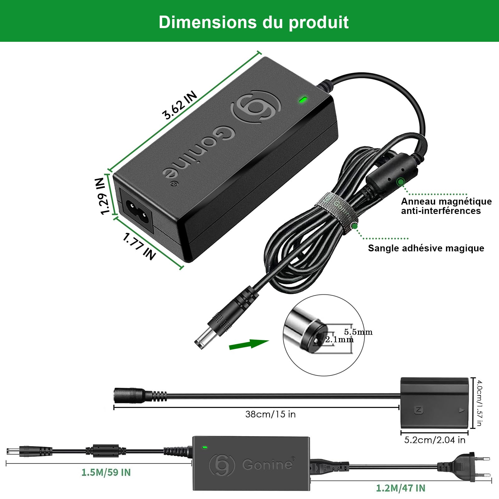 NP-FZ100 A7III A7IV Kit Adaptateur d'alimentation pour Les appareils Photo Sony A7 III, A7 IV, A7S III, A7R III, A7R IV, A7R V, A7C, A1, A9, A9 II, A6600, A6700, FX3, FX30, ZV-E1, ZV-E10 II