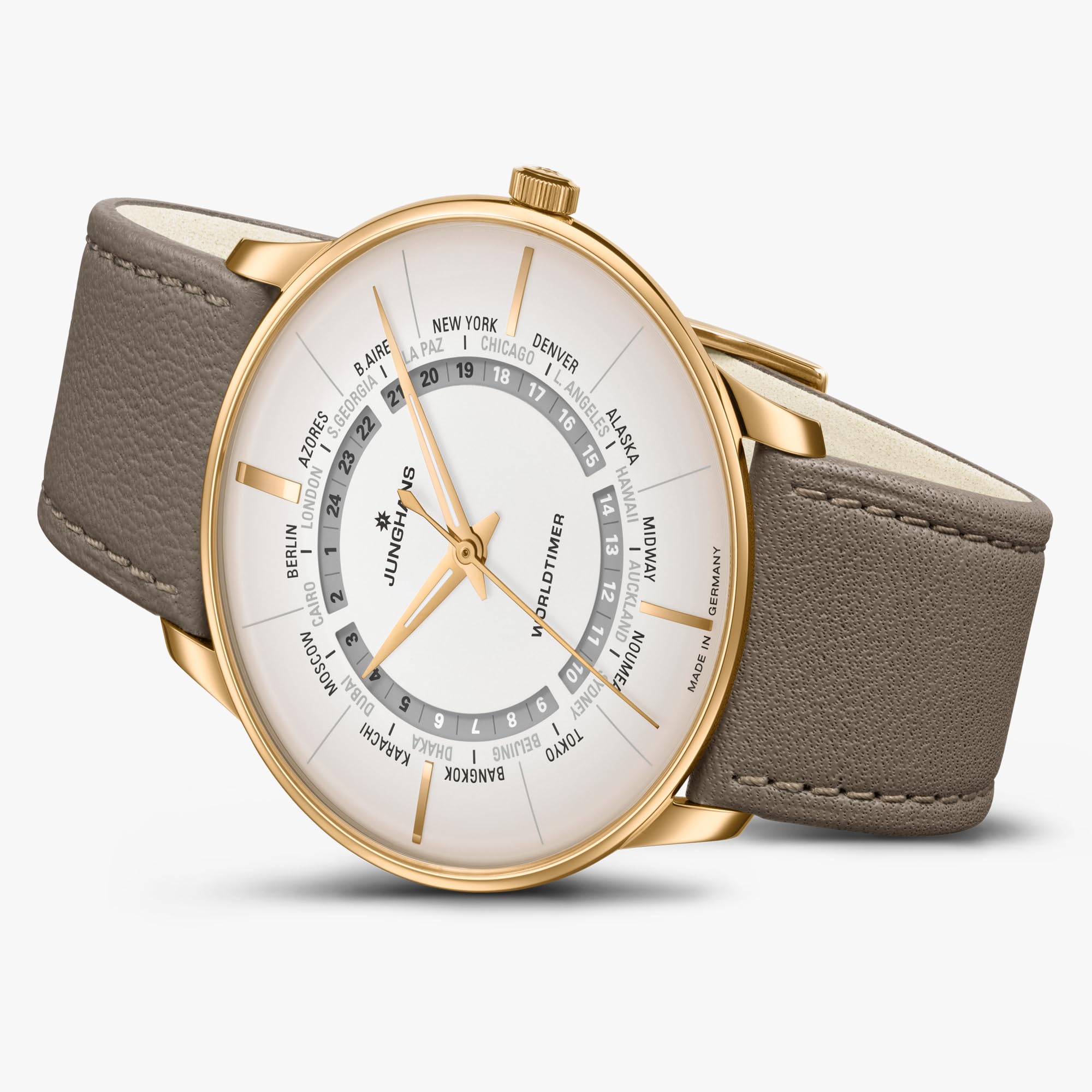 JUNGHANS Meister Worldtimer Automatikuhr, 40 mm, Saphir-Kristallglas