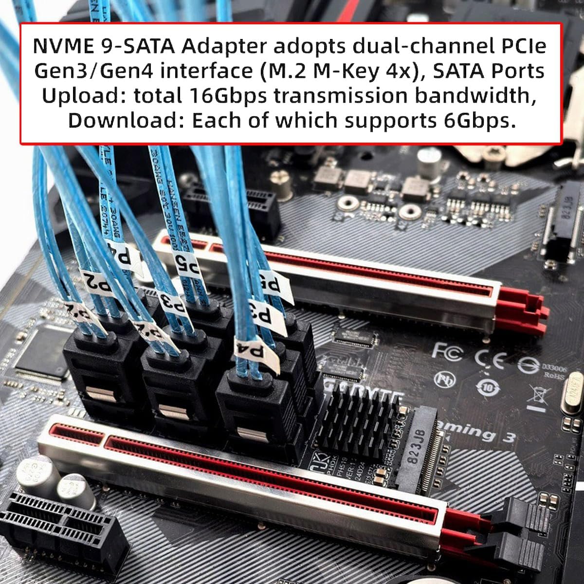 NFHK NGFF NVME M-Key PCI Express M.2 to 9 Ports SATA 3.0 6Gbps Adapter Converter Hard Drive Extension Card 2280 for NAS Computer