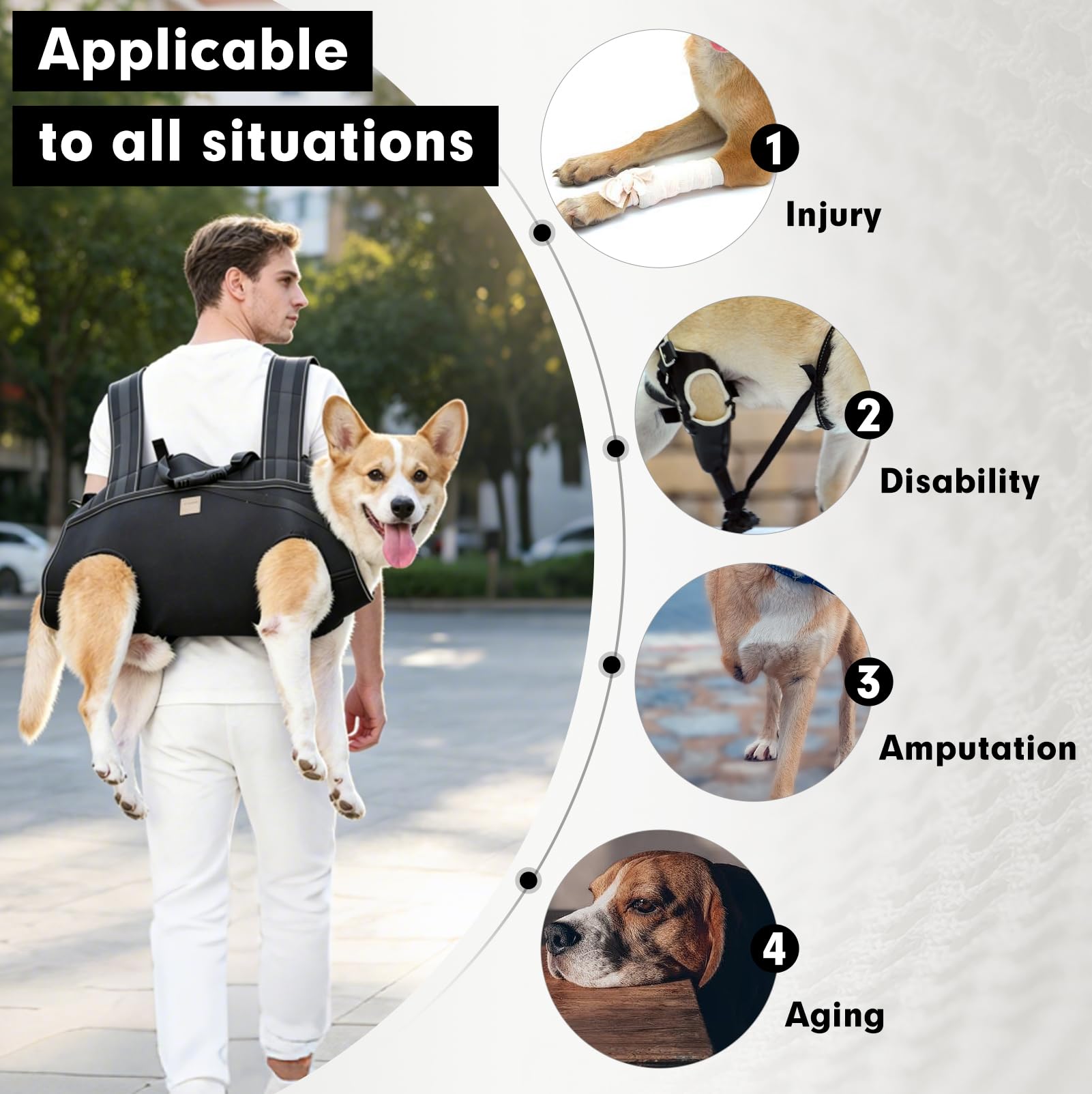 Correa de transporte grande para perros, arnés de asistencia para perros con asas acolchadas (se adapta a pecho: 49-63 cm), correa de transporte para perros con soporte de cuerpo completo y ayuda de