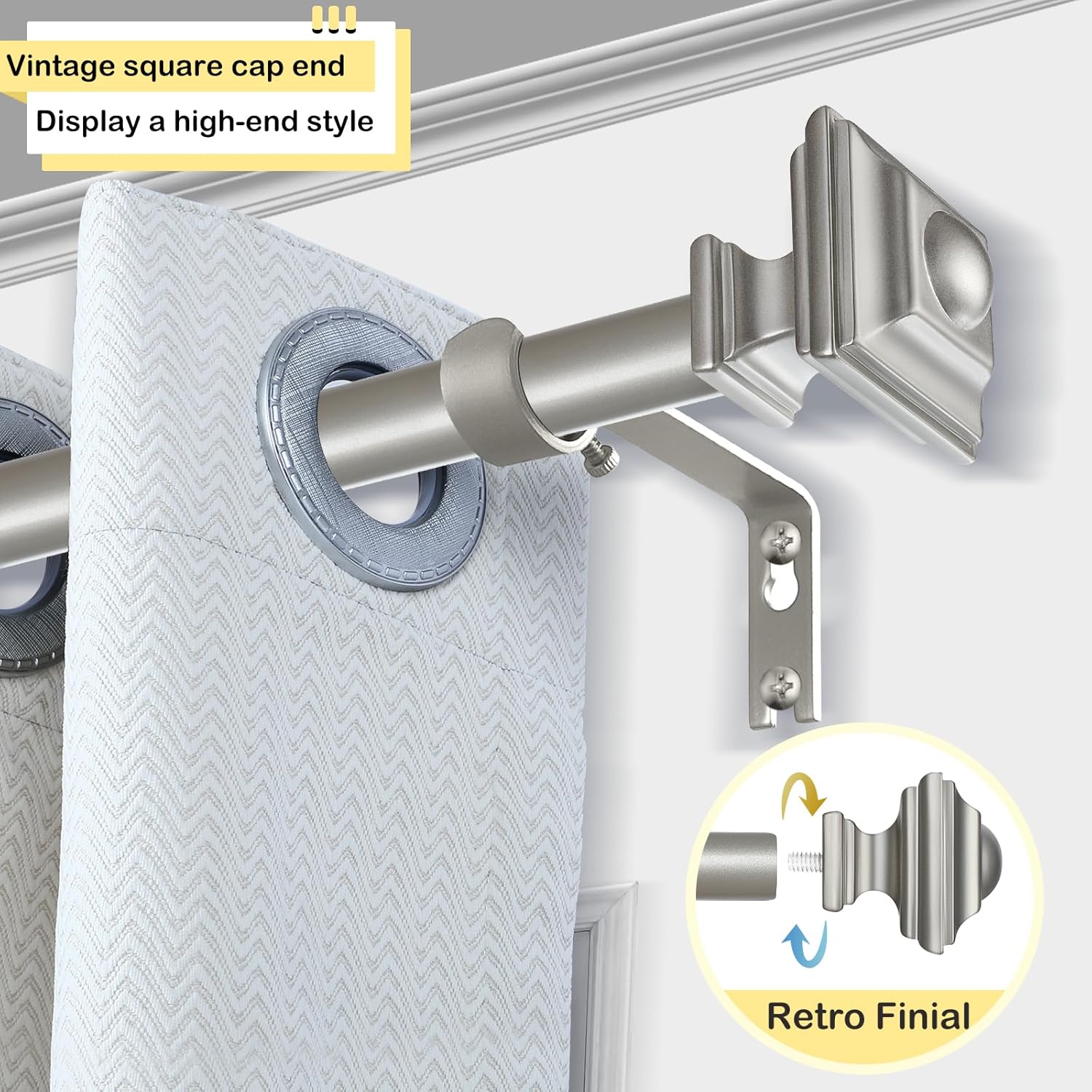 2 Pack Silver Curtain Rods 48 to 84 Inches(4-7 Feet),Decorative 3/4 Inch Diameter Drapery Rod Set with Square Finials,Size:36''-88'',Antique Silver