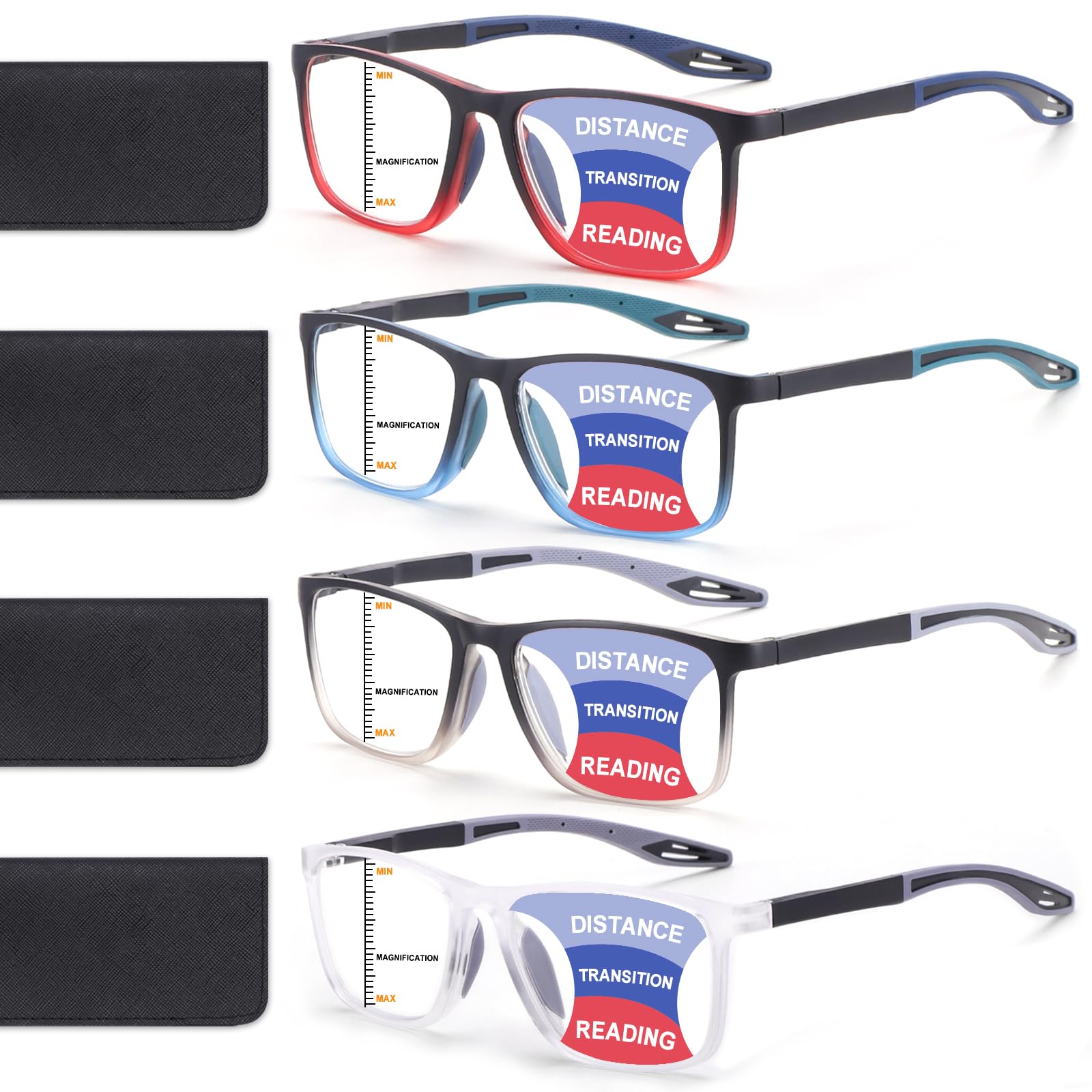 BLOEXCLU 4 Pack Progressive Multifocus Reading Glasses for Men Women TR90 Sports Style Anti-Blue Light Computer Readers