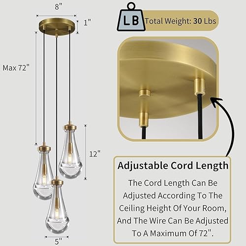 Miniatura 2 de Joyunleo Brass 3 Light Pendant Lighting for Kitchen Island, Raindrop Cluster Pendant Light Fixture, Adjustable Hanging Rope Glass Chandelier Dining