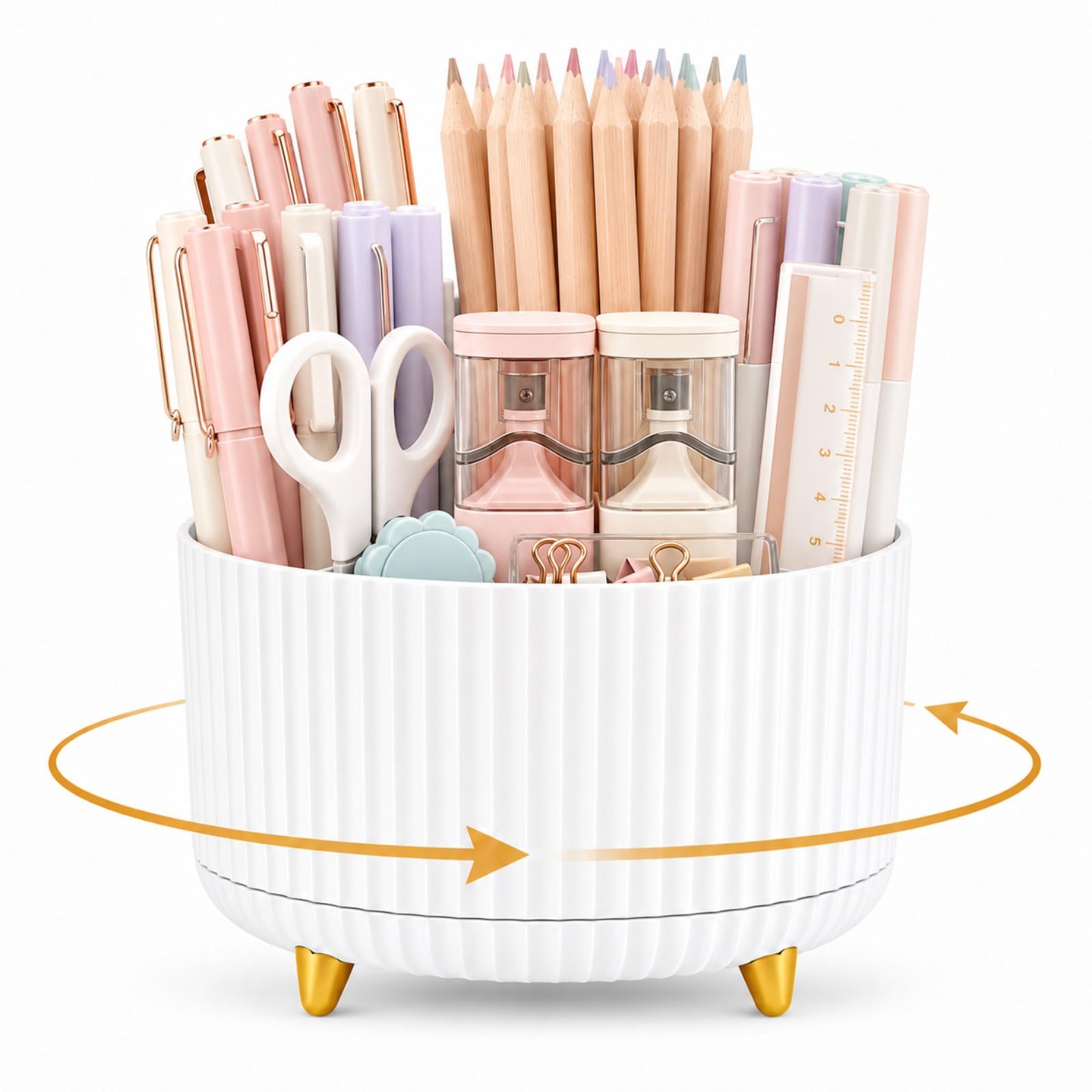 JADUFHU 360° Rotating Pen Holder with 5 Compartments, White