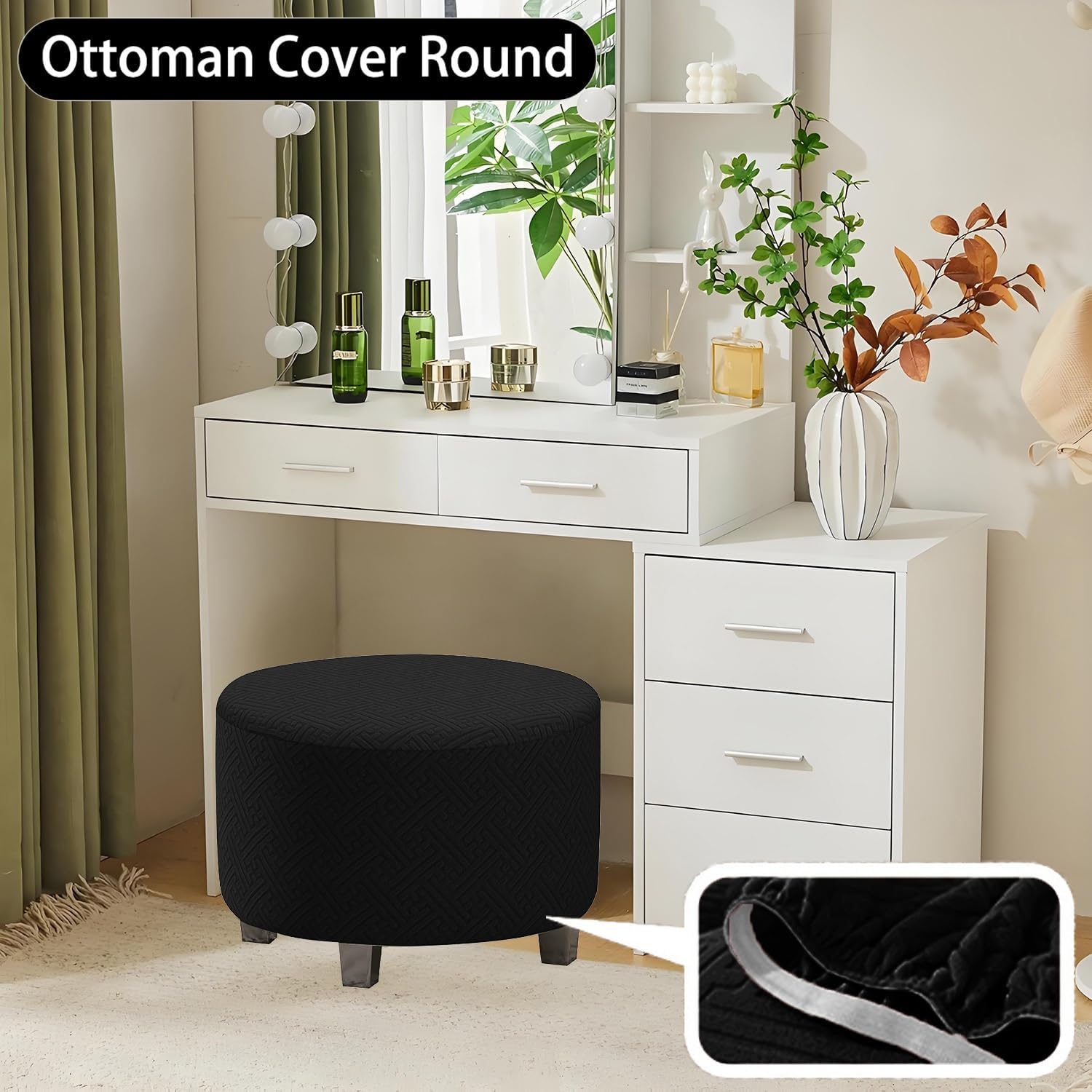 Stretch Ottoman Cover Round Small/Large Footstool Covers with Elastic Bottom Jacquard Fabric Hassock Slipcover Furniture Protector for Pouf Sofastool Footrest Decor(Black,31x31in)