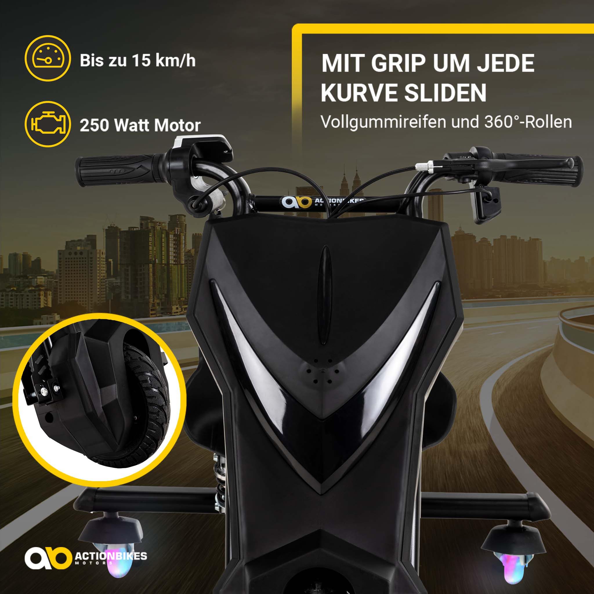 Actionbikes Motors Kinder Elektro Driftscooter | 𝟐𝟓𝟎 Watt Motor - Drift Cart 360°- 3 Geschwindigkeitsstufen - LED-Beleuchtung - Sitz verstellbar - Bluetooth - Drift Kart - Drift Auto (Black)