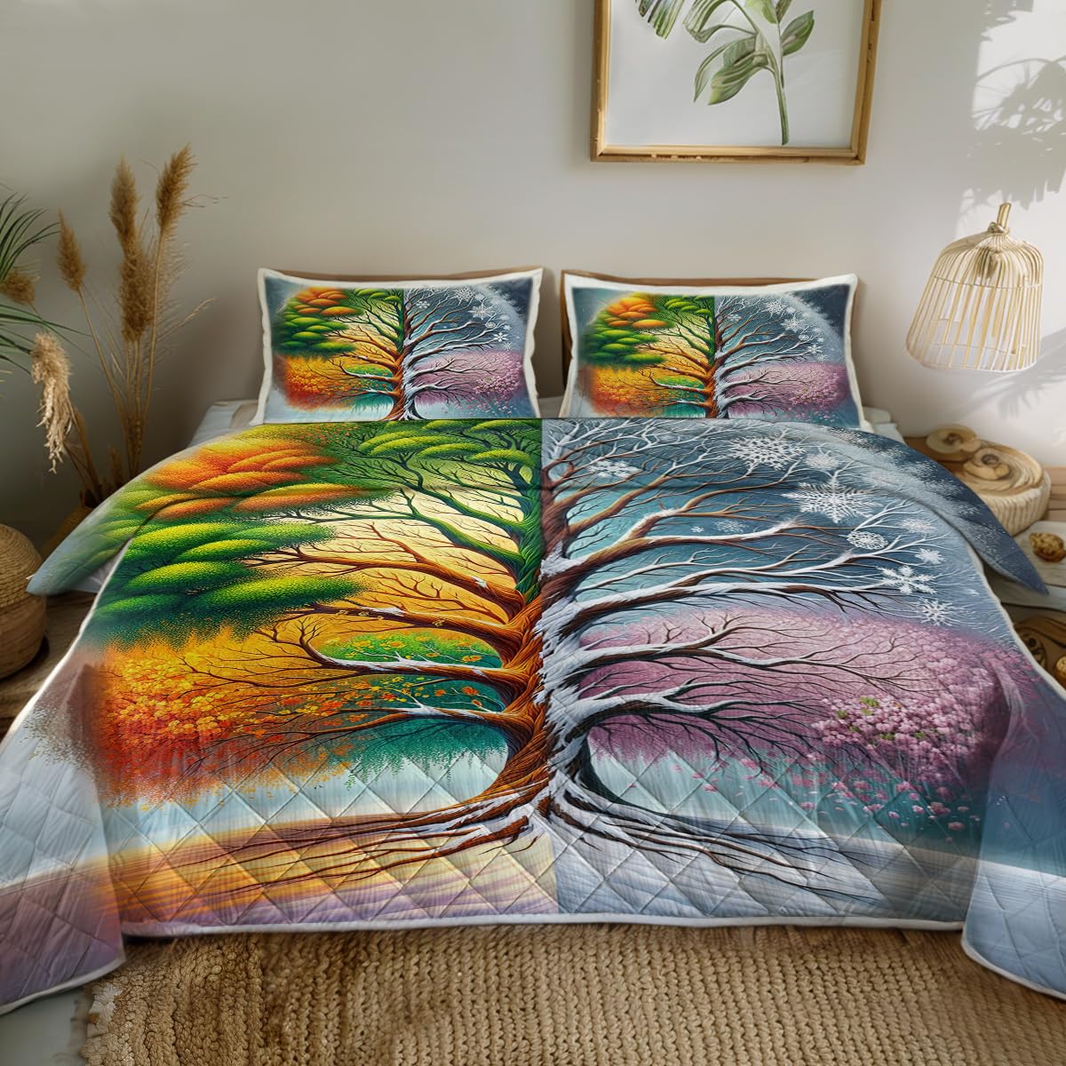 Sleepwish Seasonal Tree Print Quilt Set Soft Lightweight Bed Set Colorful Bedspread 3pcs for Kids Girls with 1 Quilt and 2 Pillow Covers (Twin)