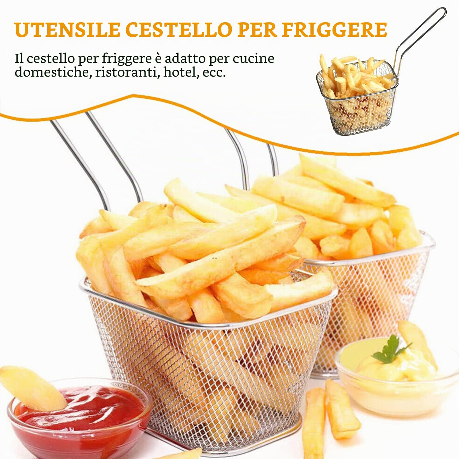 Sporgo 12 cestini per patatine fritte: piccoli cestini in acciaio inox color argento, per patatine fritte, cestini con manico, cestino per patatine fritte, anelli di cipolla, pepite di pollo (1)