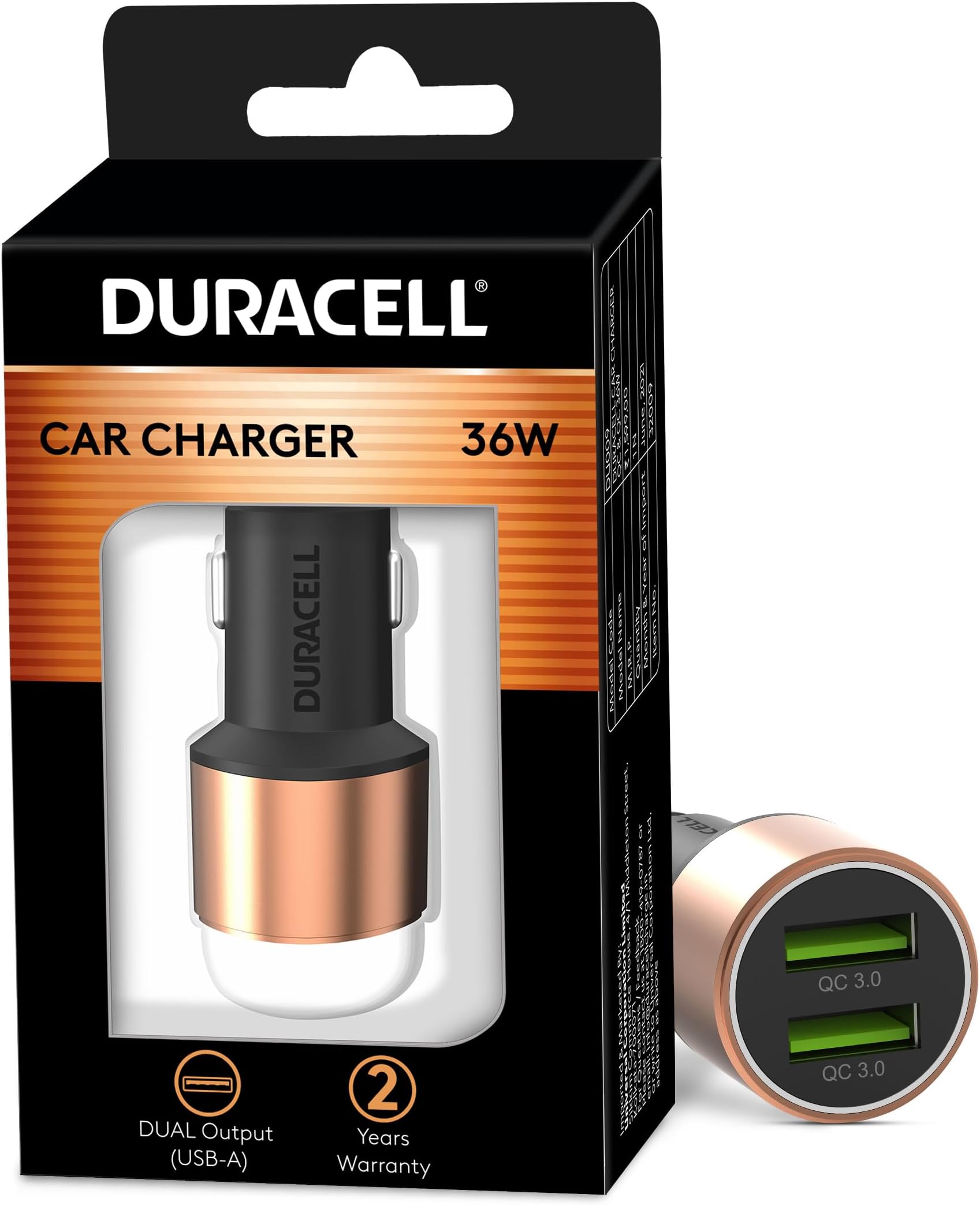 36W Fast Car Charger Adapter with Dual USB Port. Qualcomm Certified 3.0, Quick Charge. Compatible with iPhone, All Smartphones, Tablets & More - Copper & Black