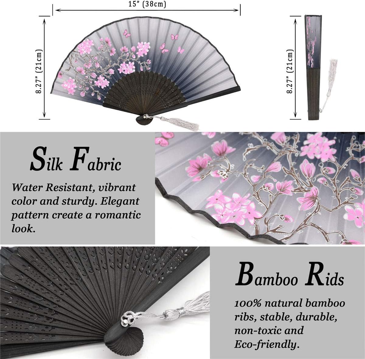 Zolee 2 PCS Small Folding Hand Fans for Women - Chinese Japanese Vintage Bamboo Silk Fans - for Dance, Performance, Decoration, Wedding, Party, Gift (Gray & Pink Sakura)