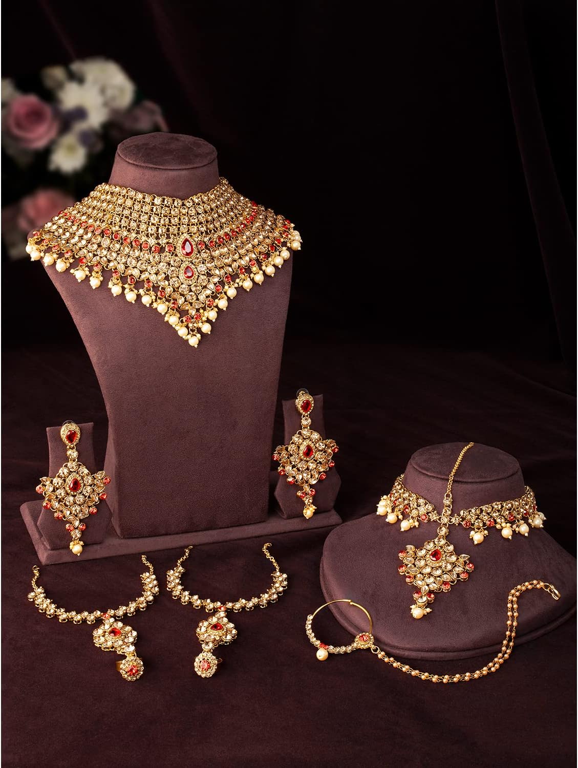 Aheli Bollywood Style Indian Bridal Choker Necklace Matha Patti Nose Ring Haath Phool Wedding Fashion Bharatanatyam jewellery set Gift for Women - Image 3