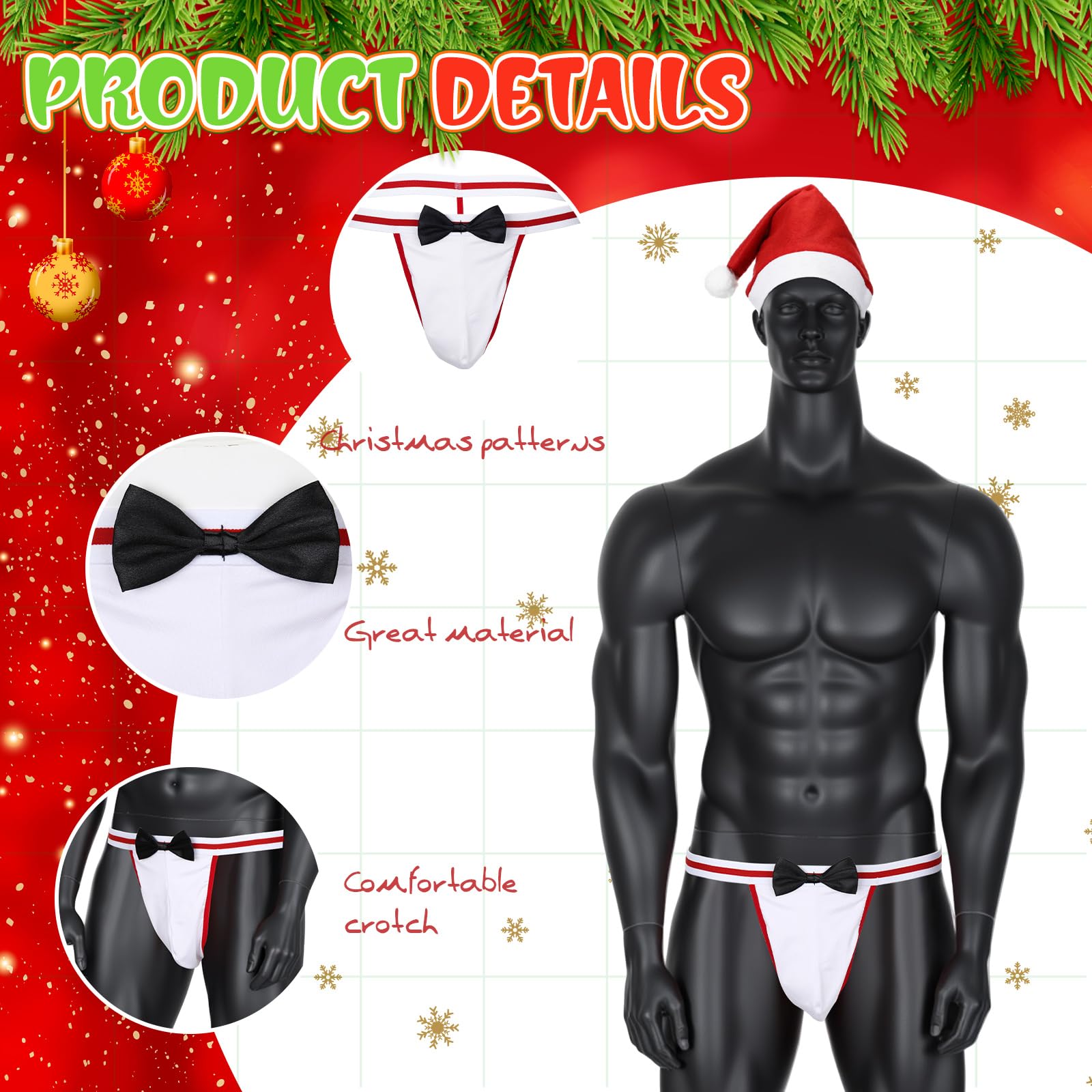 Hestya Christmas Bodysuit Gift for Men with Christmas Hat Xmas Santa Bodysuit Xmas Outfits Costumes for Husband Boyfriends(Bow Tie) White - Image 2