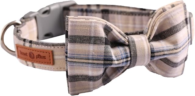 Lionet Paws Cat and Dog Collar with Bowtie,Grey Plaid Cotton Collar with Plastic Buckle,Adjustable Collars for Small Dogs and Cats,Neck 10-16in