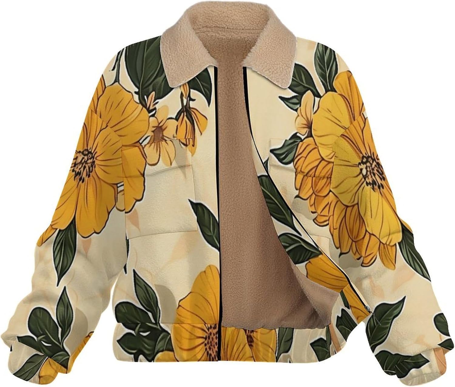 Women Winter Sherpa Lined Fleece Jacket, Long Sleeve Zip Up Bohemia Flowers Cropped Coats Warm Soft Polar Outwear