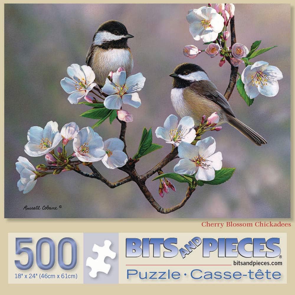 Bits and Pieces - Cherry Blossom Chickadees 500 Piece Jigsaw Puzzles for Adults - Each Puzzle Measures 18 Inch x 24 inch - 500 pc Jigsaws by Artist Russell Cobane
