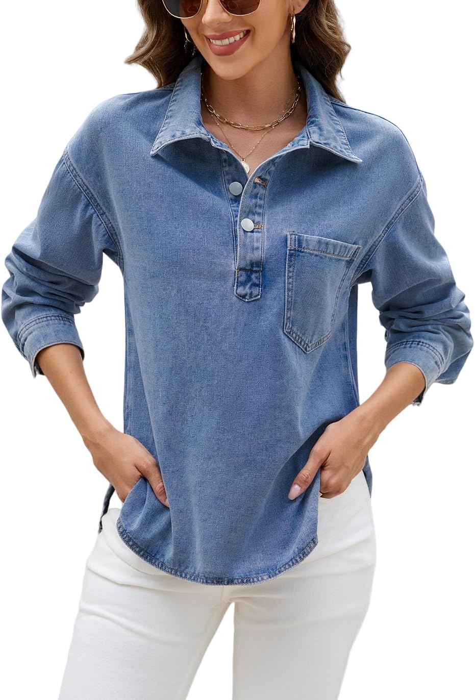 EZAPINE Denim Tops for Women Long Sleeve Denim Shirt Blouses Button Up Pullover Jean Shirt with Pocket