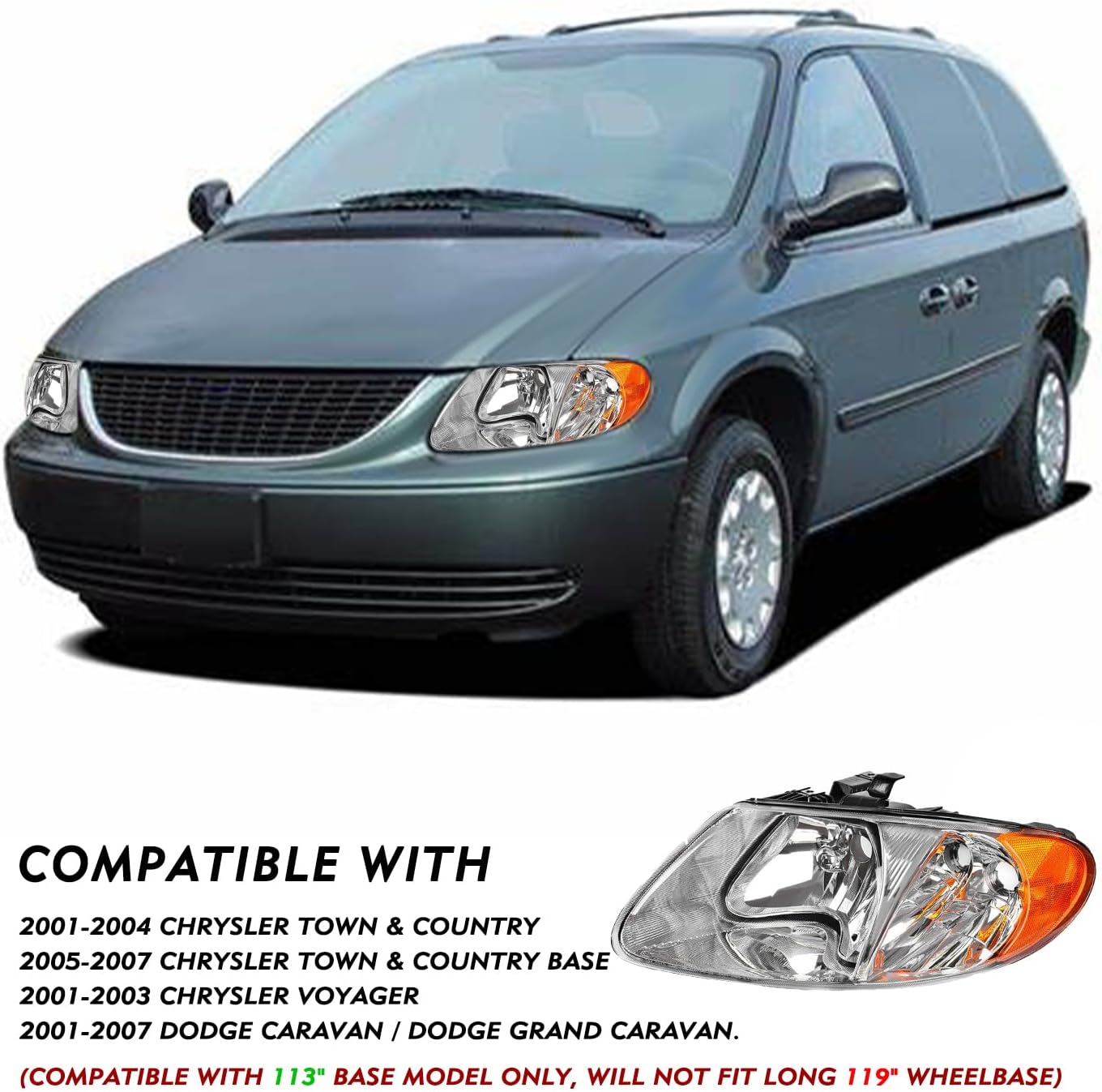 Headlight Assembly w/Bulbs Compatible with 01-07 Dodge Caravan / 01-03 Chrysler Voyager / 01-04 Chrysler Town and Country / 05-07 Town & Country (Fits Base Model ONLY)