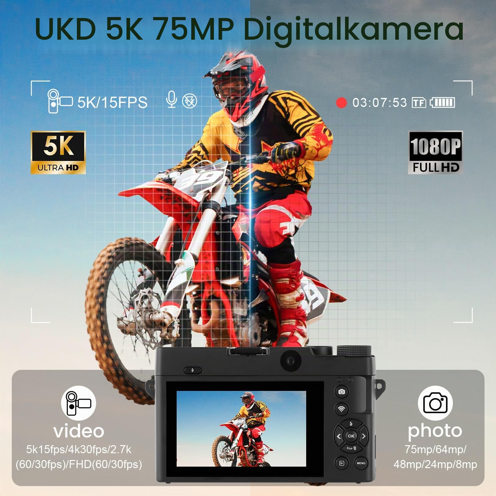 LAMA Digitalkamera 5K 75MP Dual Lens Digitalkamera, Autofokus Vlogging Kamera mit 32G SD-Karte, Kompaktkameras mit 3,0-Zoll-Bildschirm, 18X Digitalzoom Kameras Fotokamera für Anfänger, Schwarz