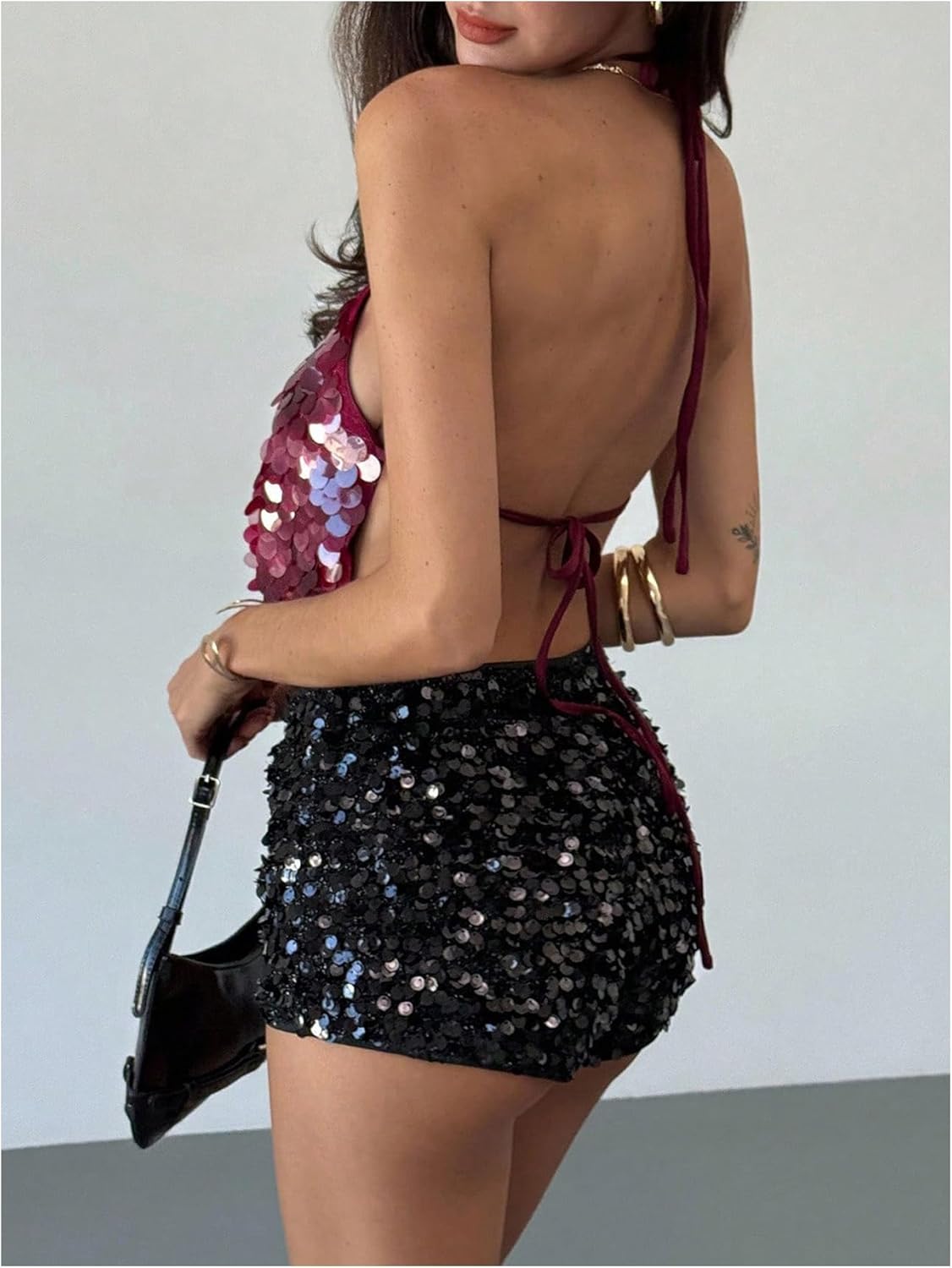 Verdusa Women's Rave Club Sparkly Sequin Tops Tie Backless Halter Top Brunch Outfits - Image 2