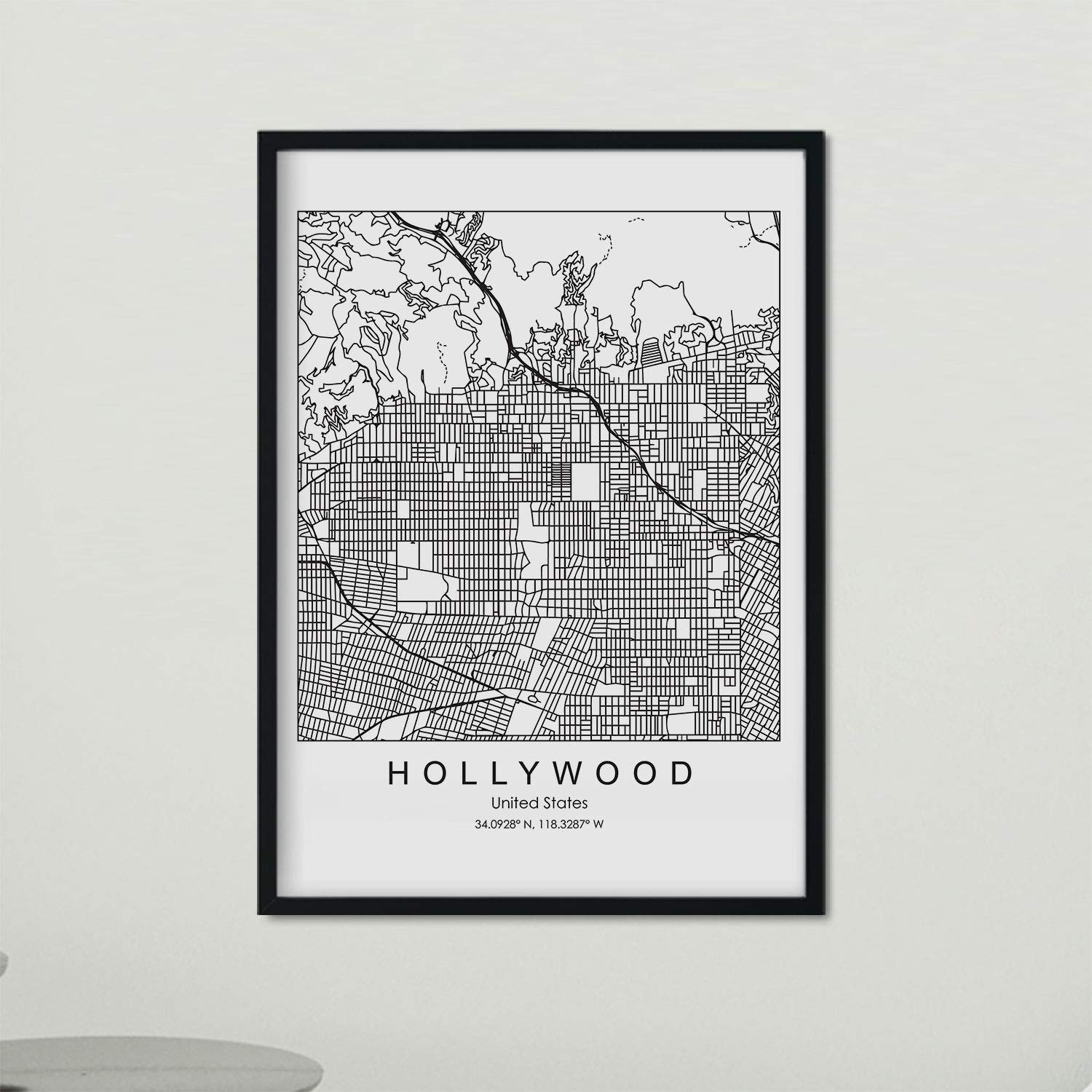 Nacnic Poster with map of Hollywood. US film with images of maps and roads of major US cities. A4 size frame