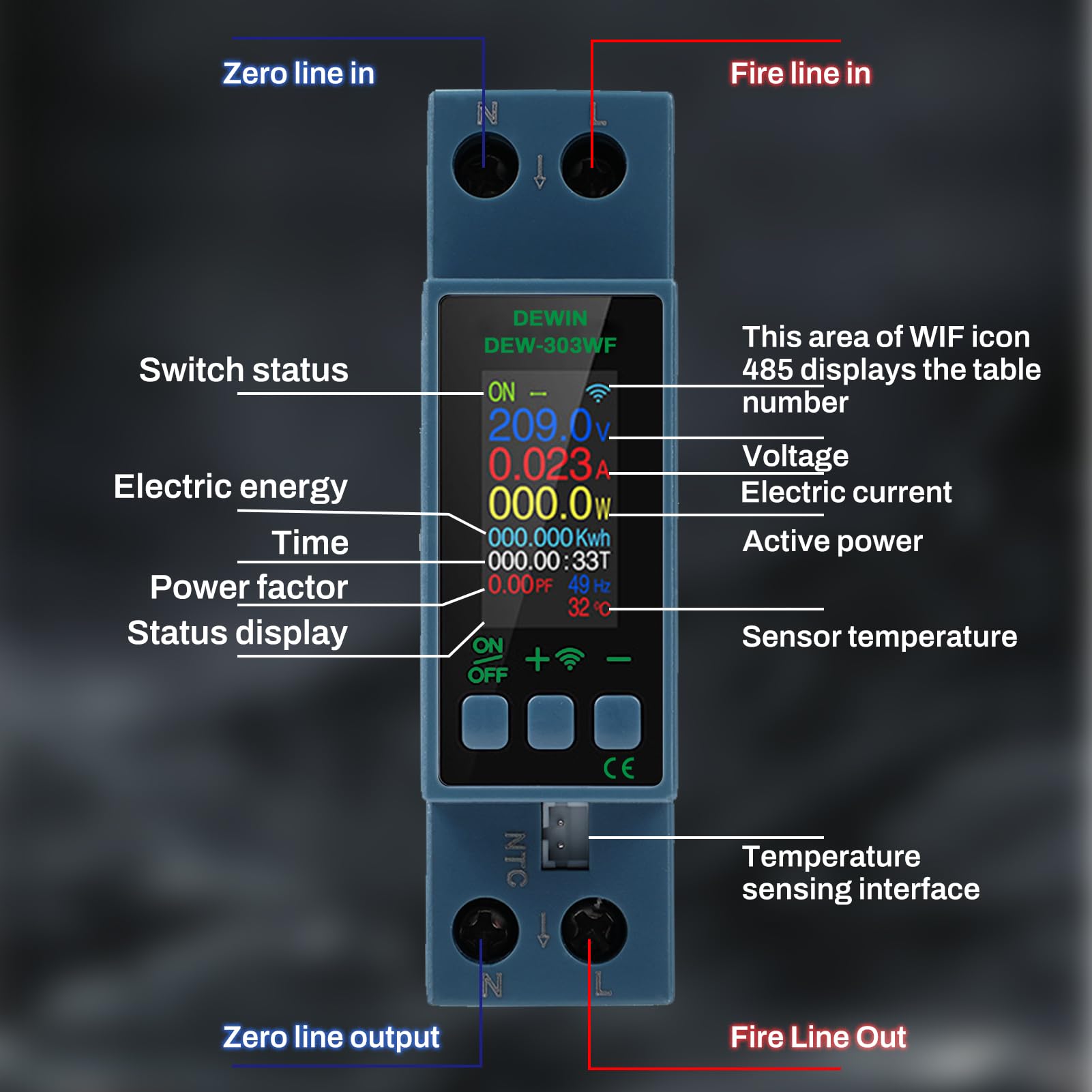 DEWIN Multifunkcyjny miernik napięcia AC i prądu AC85-290V/40A, z wyłączeniem przegrzania i przeciążenia (8 w 1 wifi)
