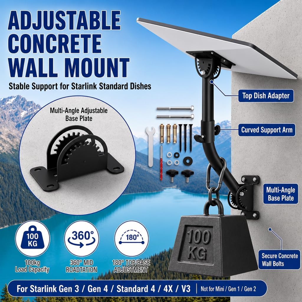 Wall Roof Mount for Starlink Standard 4/4X Gen3 Adjustable Pipe Adapter Kit