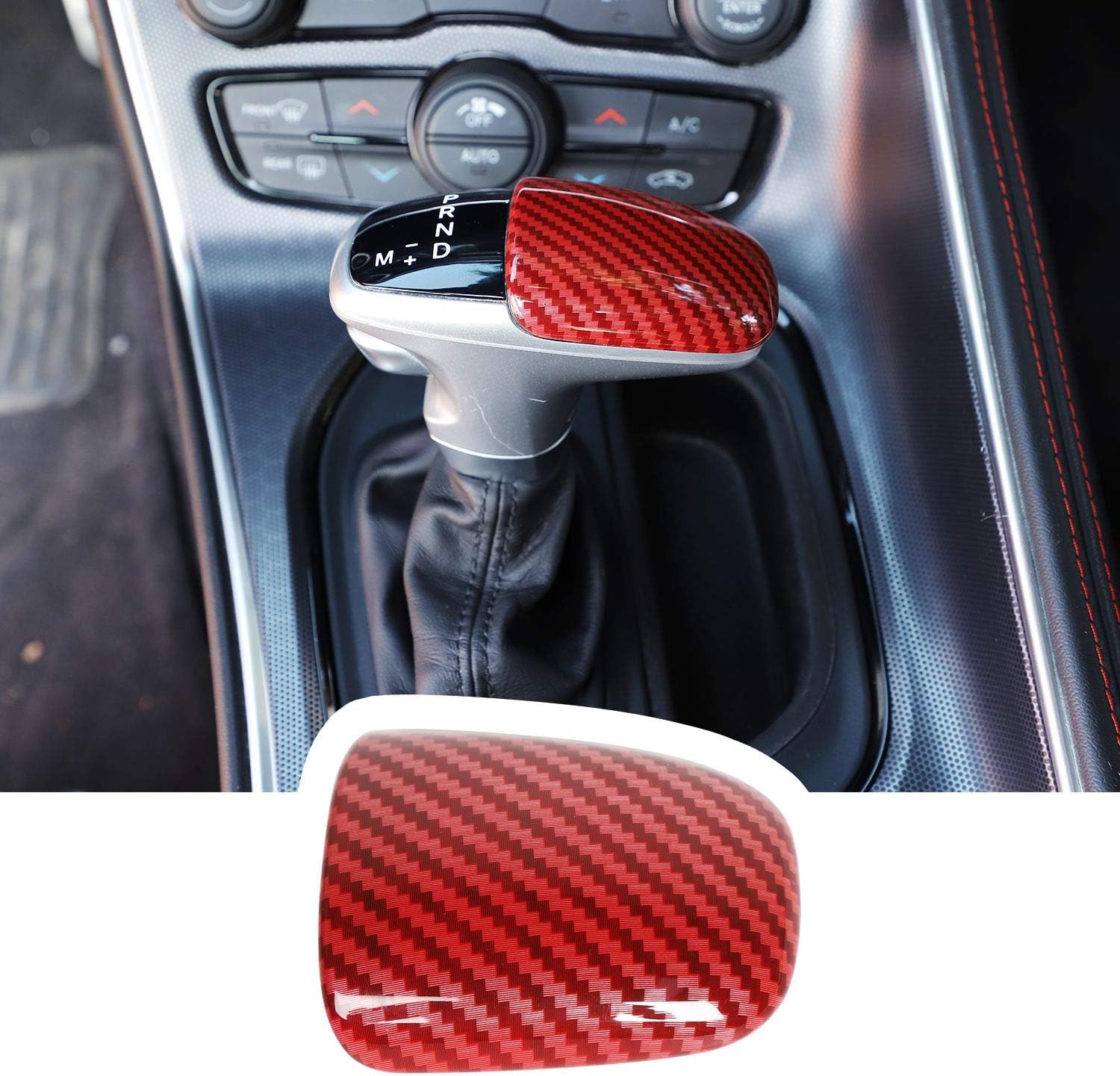 JeCar Gear Shift Knob Cover ABS Interior Trim Compatible with Dodge Challenger/Charger 2015-2023 & Durango 2018-2023, Red Carbon Fiber Texture