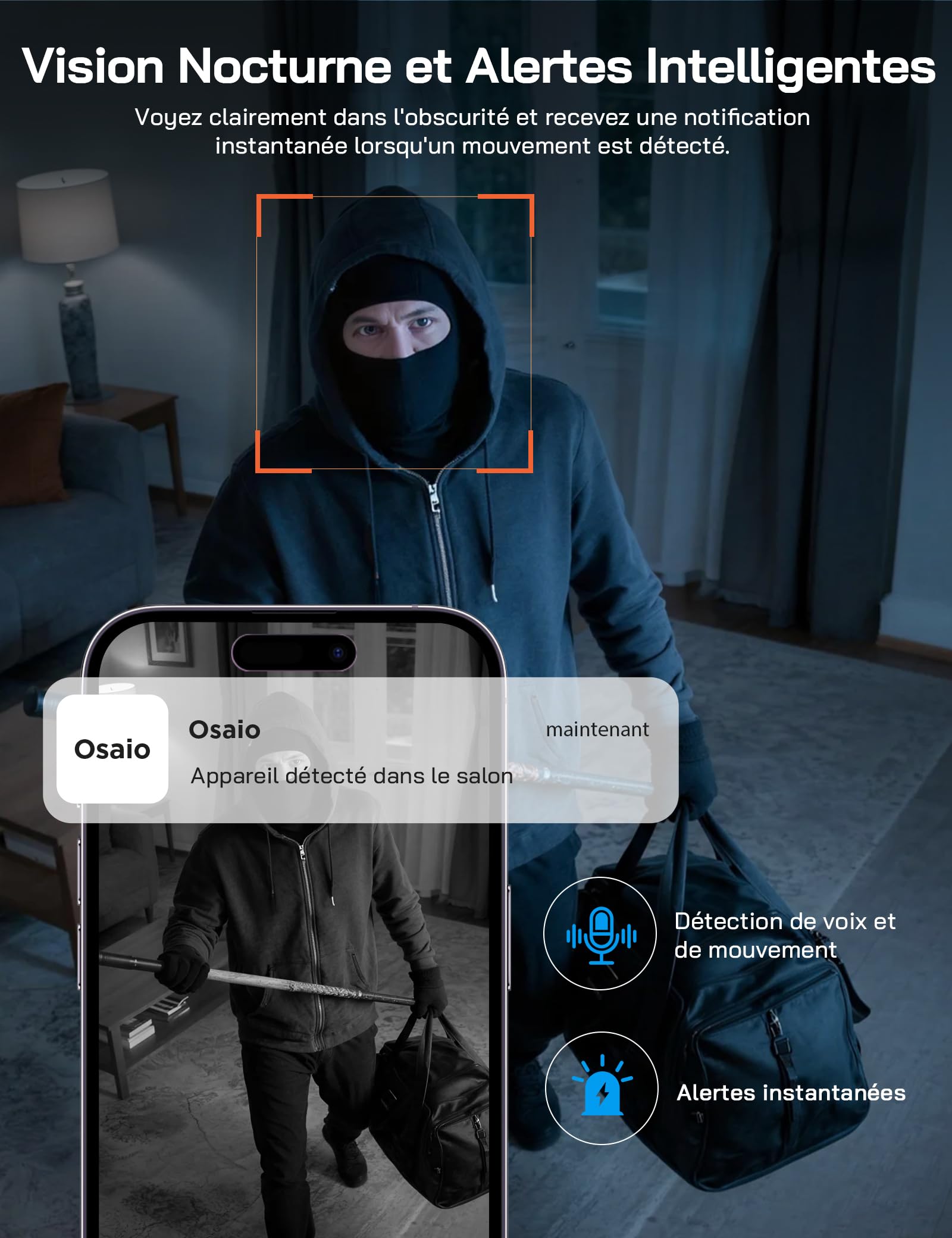 WOLFANG Caméra Intérieure sans Fil 1080P, Caméra WiFi avec Vision Nocturne, Détection de Mouvement, Audio Bidirectionnel, Compatible Alexa & Google Home, WiFi 2,4 GHz Uniquement