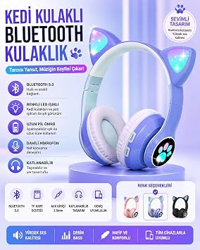 STN-28 Kulaküstü Bluetooth Kulaklık, Kedi Tasarımlı, FM Radyo, Hafıza Kartı Girişli, Lacivert