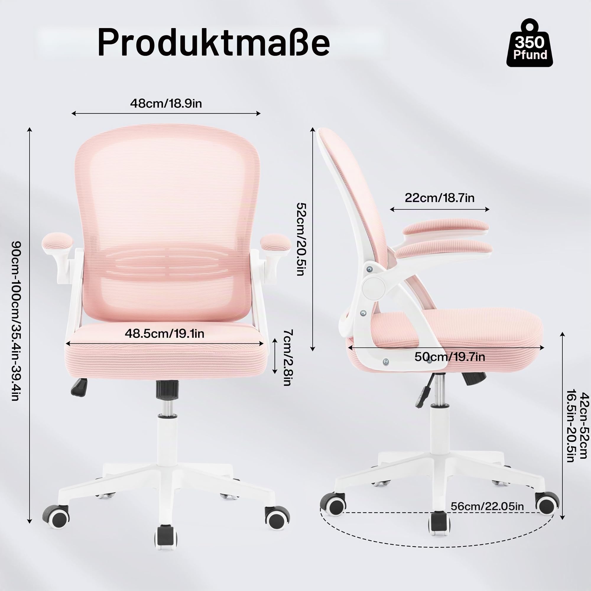 Fizzin Ergonomischer Bürostuhl Rosa Schreibtischstuhl, 150 kg | Mesh Drehstuhl mit gepolsterten klappbaren Armlehnen, verstellbare Lendenwirbelstütze für Büro, Homeoffice und Gaming