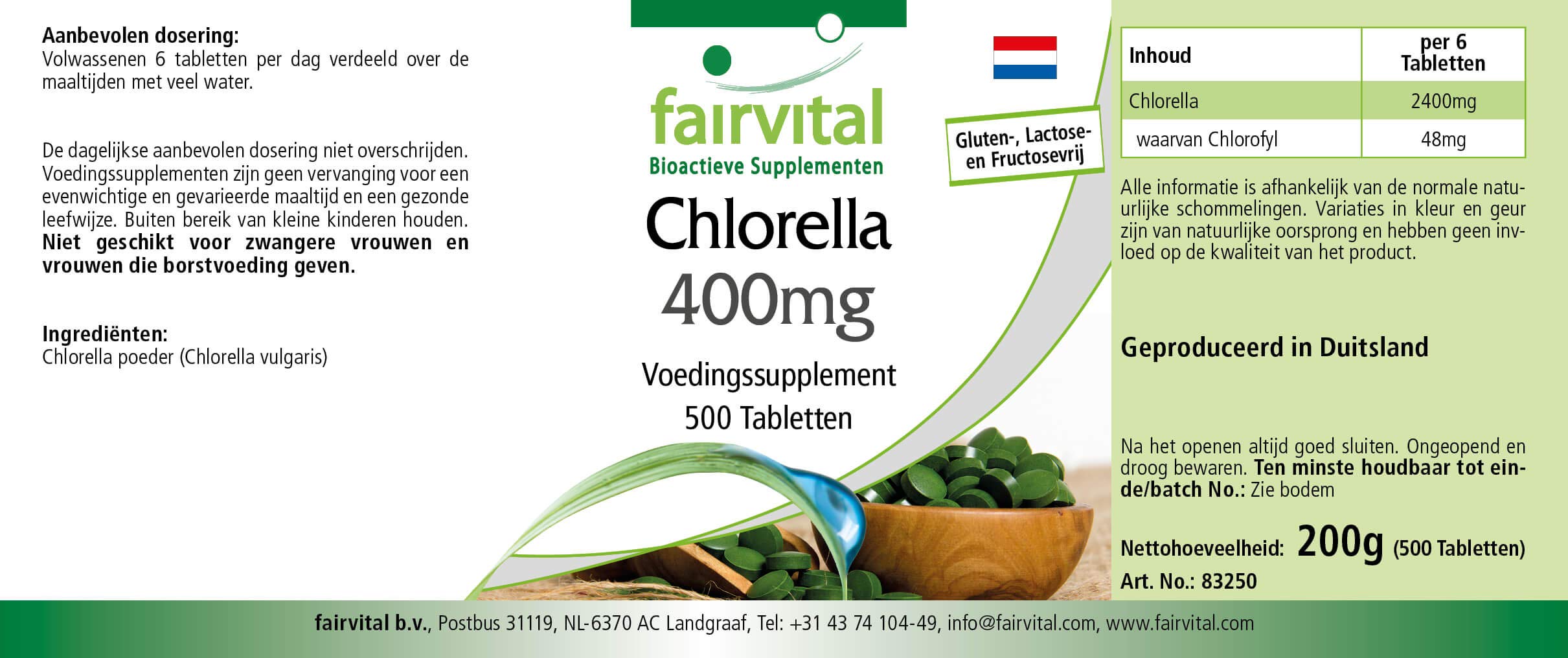 Comprimés de chlorella fairvital 400mg, 500 comprimés, faciles à avaler, HAUTEMENT DOSÉS, 100% poudre d'algue chlorella (Chlorella vulgaris), VÉGÉTALIEN