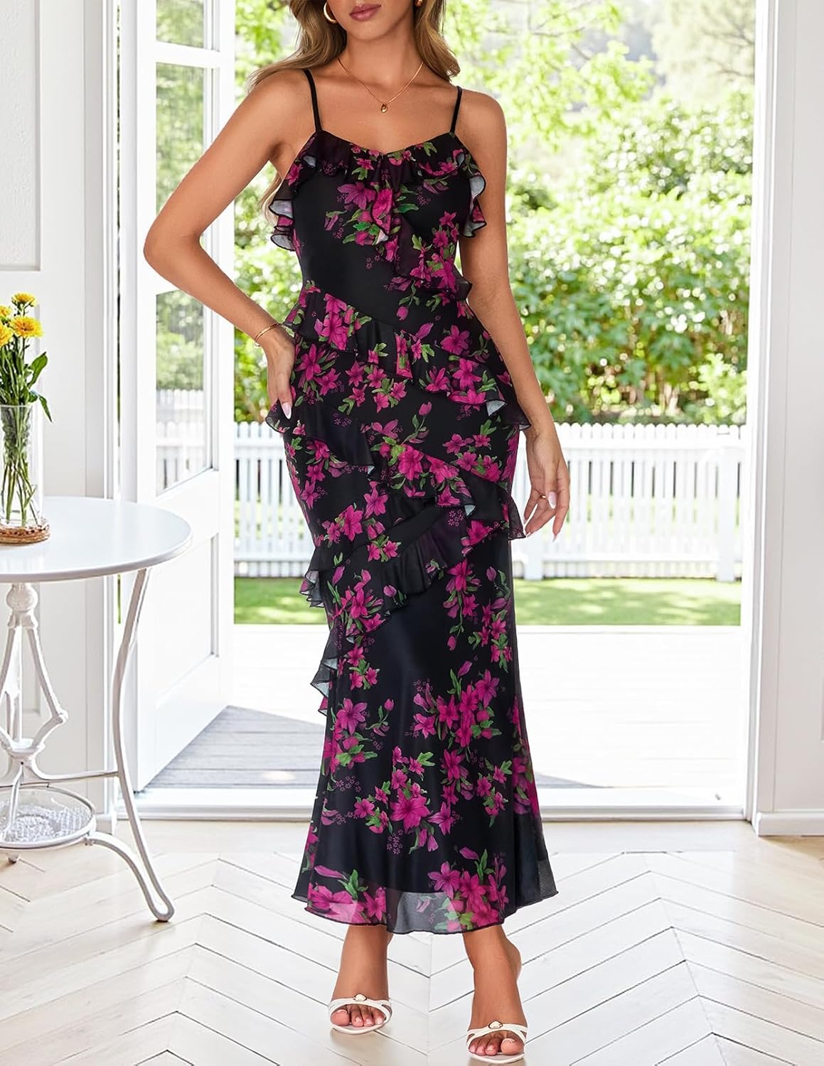 MEROKEETY Spring Wedding Guest Dress for Women 2026 Summer Floral Cocktail Party Beach Vacation Ruffle Bodycon Maxi Dresses - Image 2