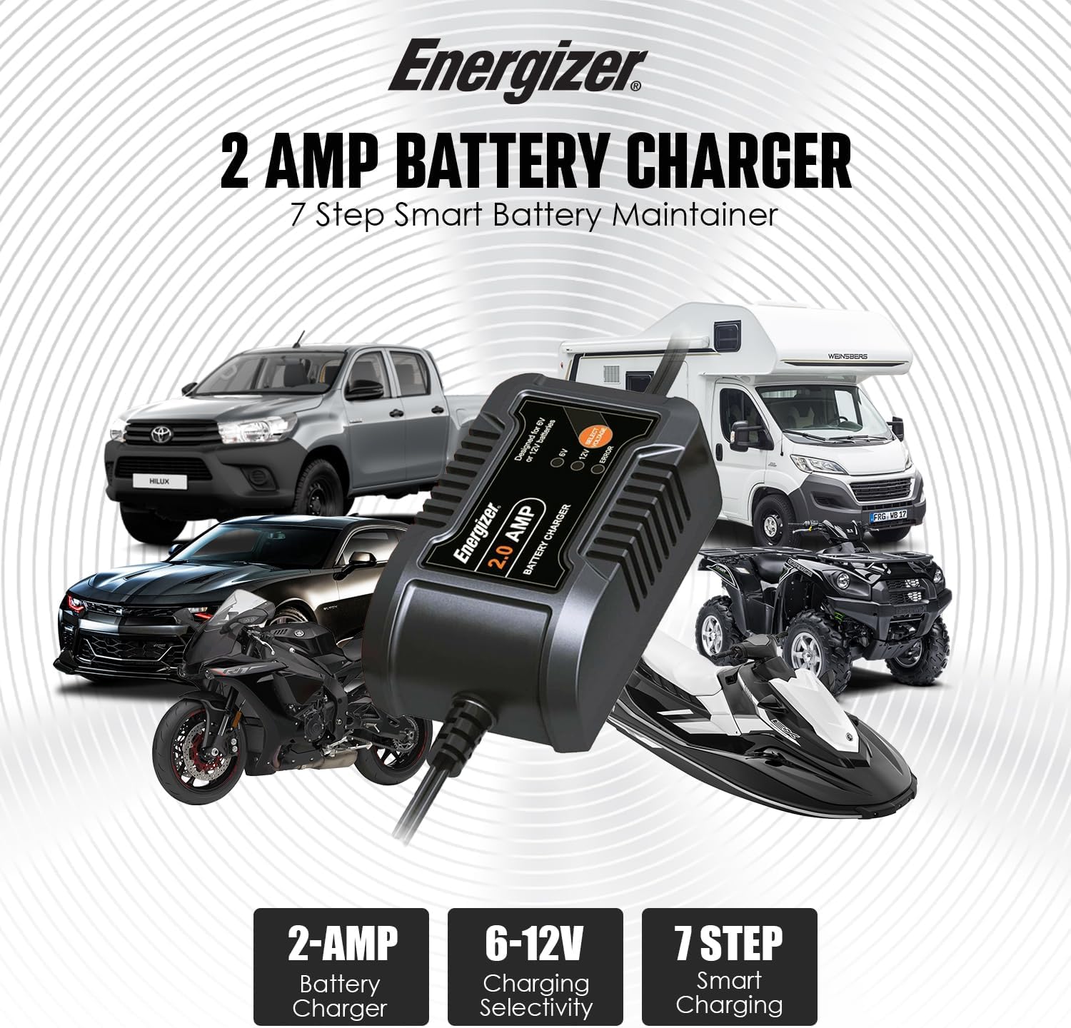 Energizer 2-Amp Battery Charger/Maintainer, 9-Step Smart Battery Car Charger, LCD Display, 6V/12V Voltage Detection for Auto, Motorcycle, RV, Boat,SUV