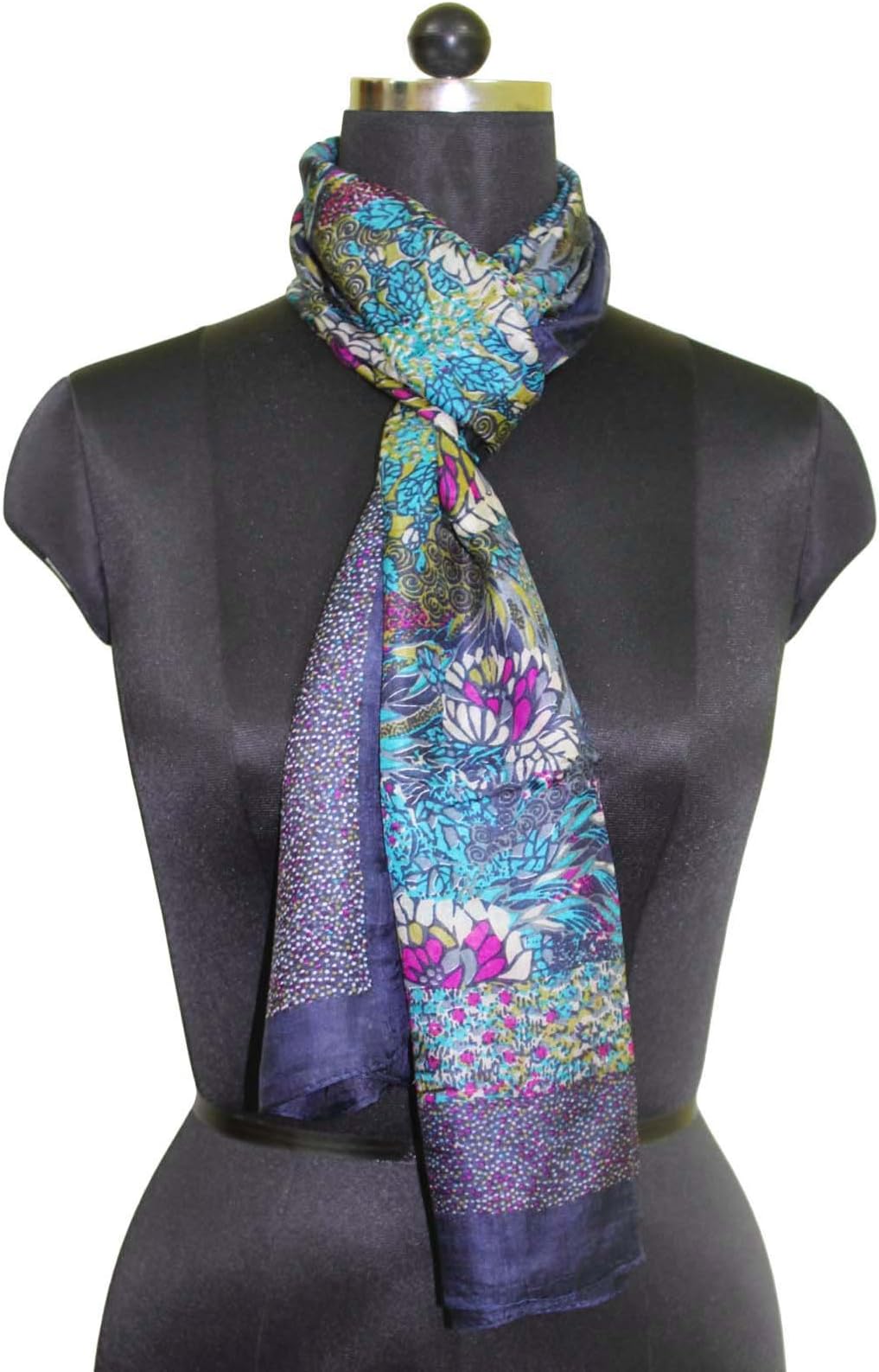 Pure Silk Printed Scarf Blue Summer Wrap Muffler Indian Long Stole Women’s Fashions Loop Head Hijab 59” x 20” Soft Scarves