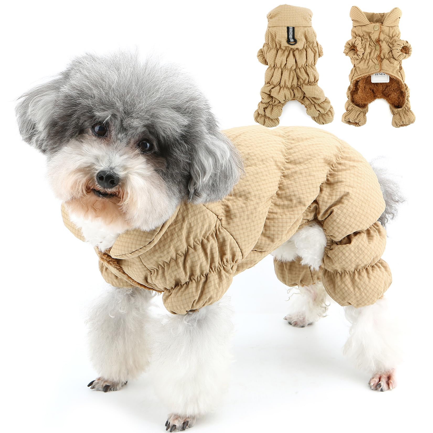 Zunea Waterproof Dog Winter Coats Fullbody Puppy Snowsuit Fleece Lined Down Jacket Coat with Leash Ring Reflective Cold Weather Snow Jumpsuit Pet Apparel Outfits for Extra Small/Small Dogs Khaki XL โ image 1