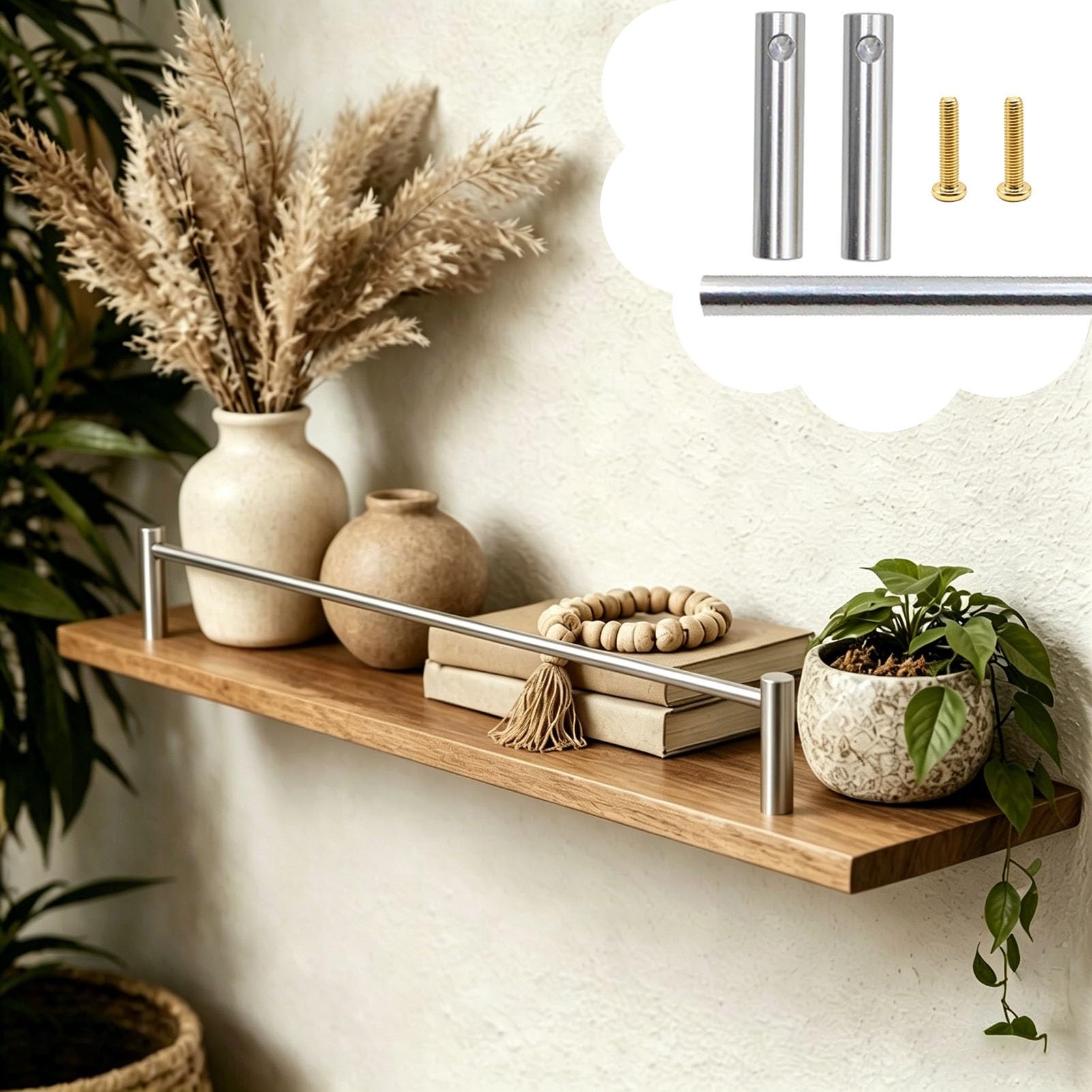 MRVAKDYDI Long Floating Shelf Railing Rod, Guard Rail for Floating Shelves, 2 End Posts, Gold, Silver, Multiple Sizes(Silver,39in/99cm)
