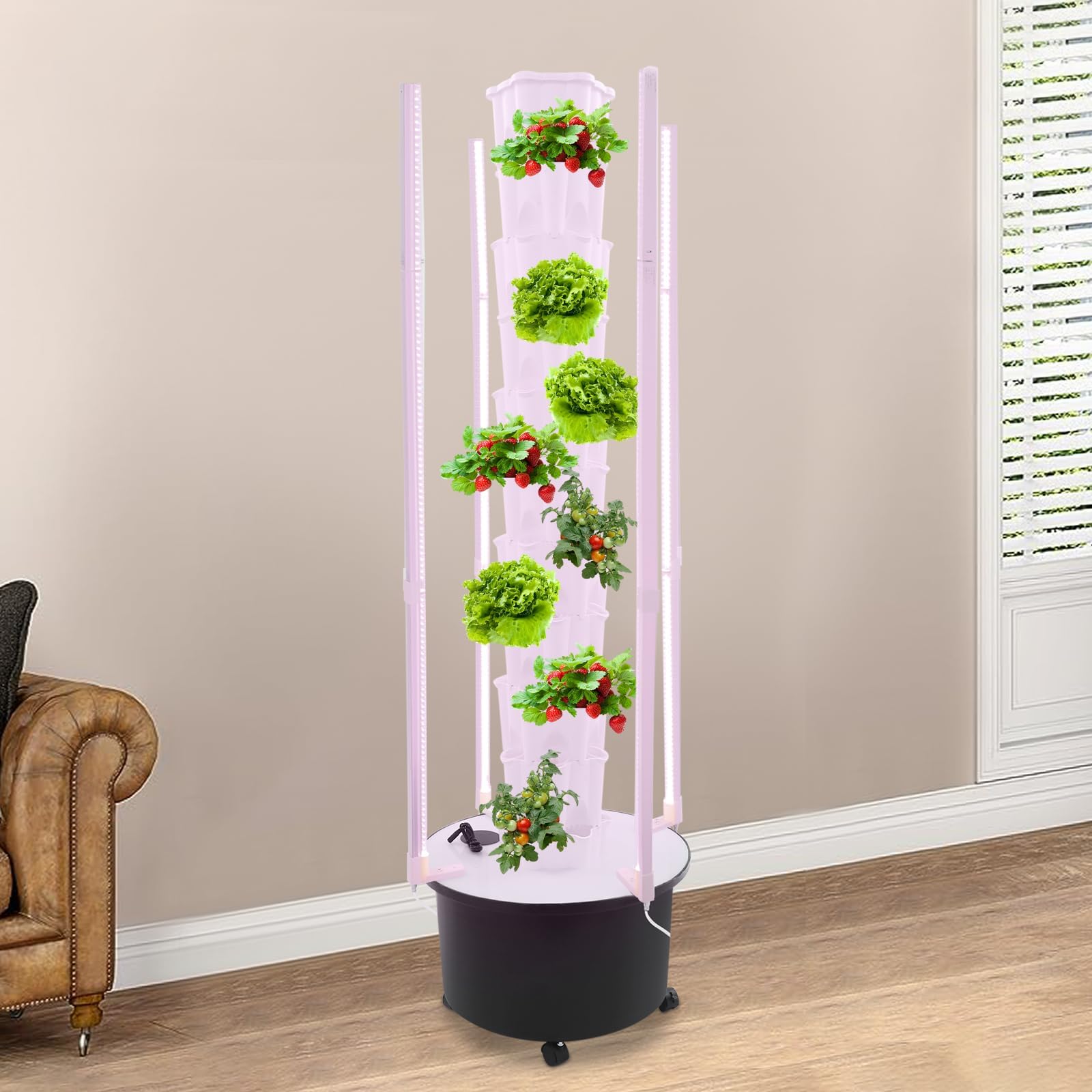 Tour hydroponique à 10 étages avec lumière LED et roues, système hydroponique de 60 plantes, kit de culture de jardin intérieur pour légumes, herbes, jardinage vertical économe en eau