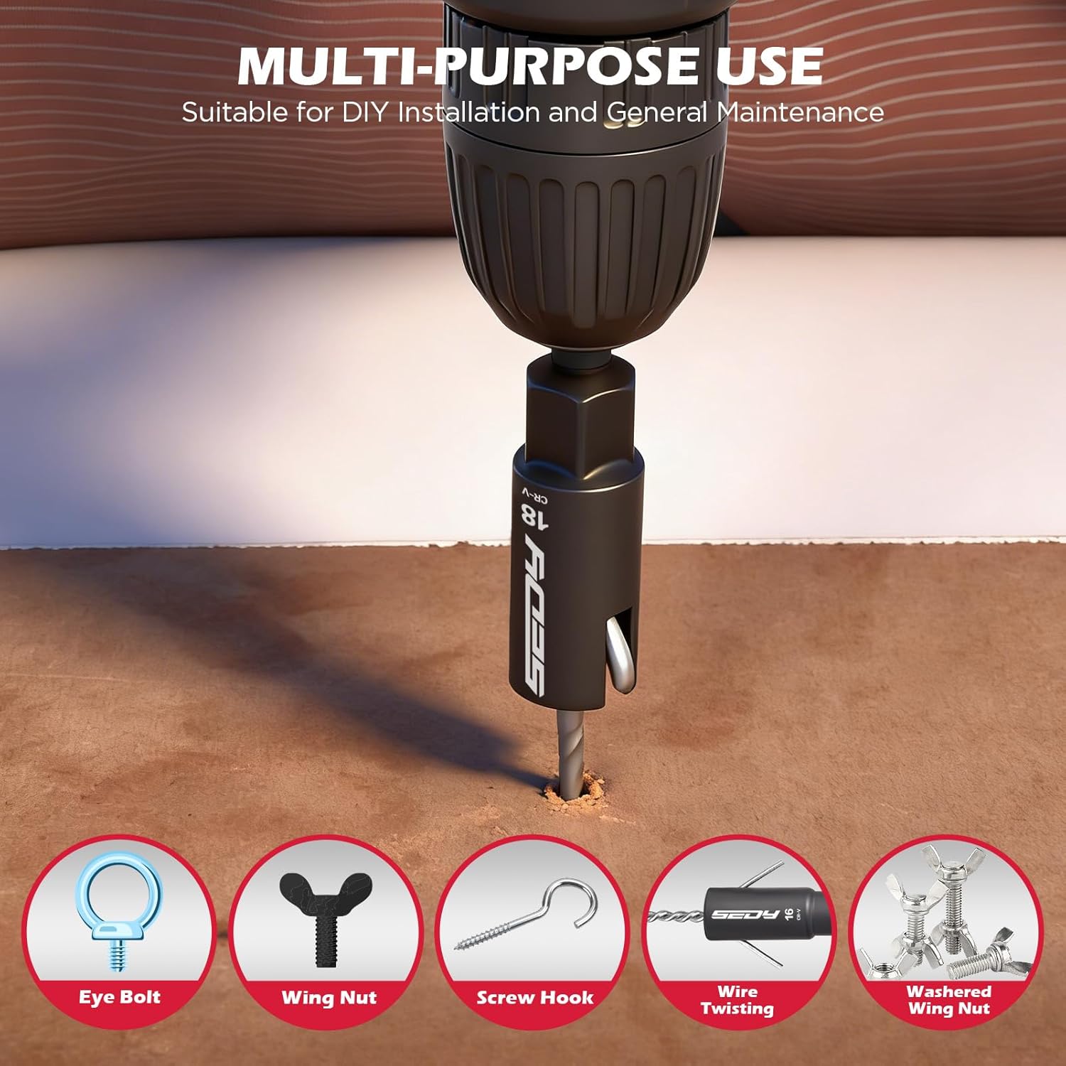 5-Piece Wing Nut Driver Set (10mm,12mm,14mm,16mm,18mm) with Magnetic Aluminum Storage Rail, 1/4" Hex Shank Wing Nut Driver Bit Set, Metric Wing Nut socket Set for Wing Nut, Eye Bolt, Wire Twisting - Image 5