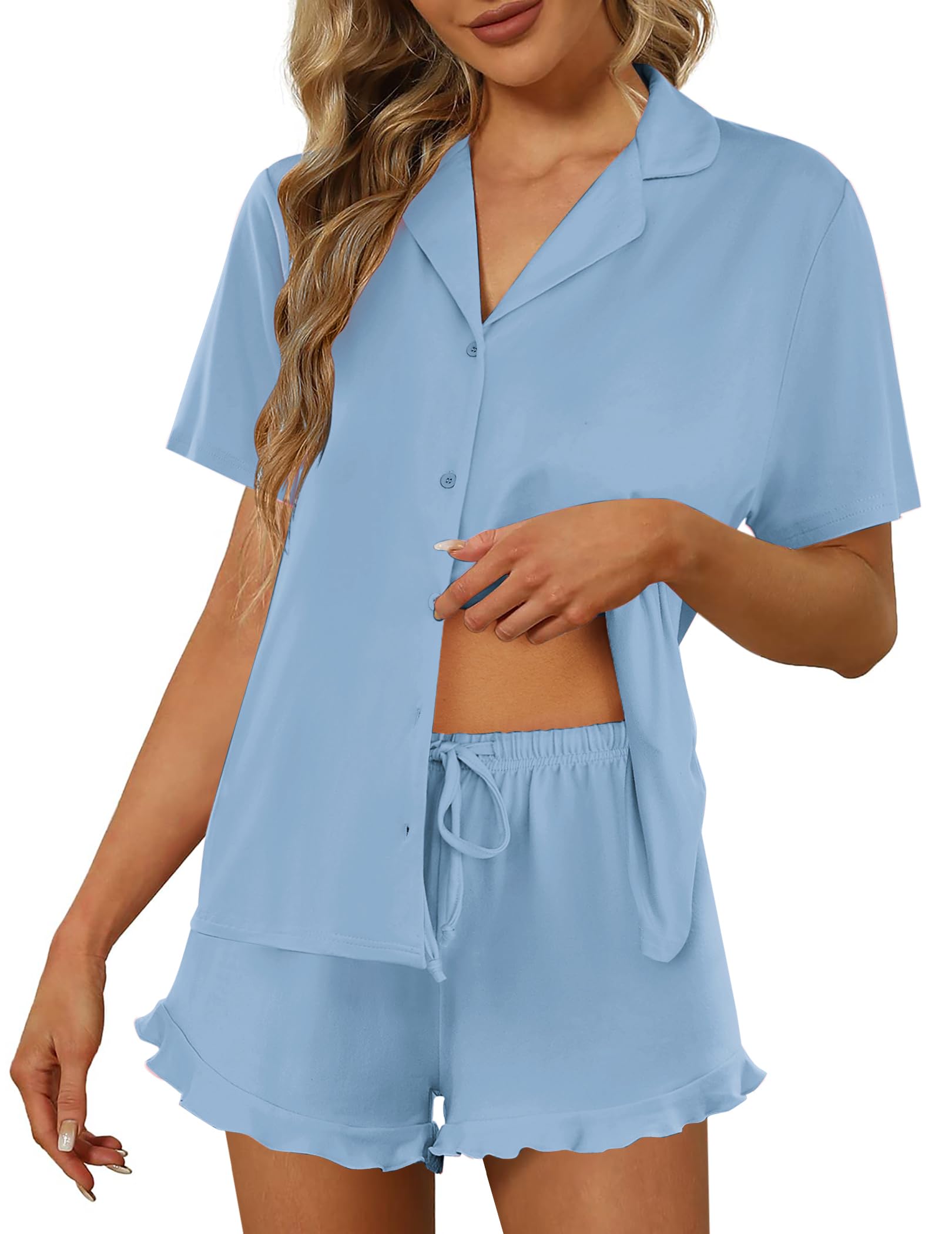 Ekouaer Pajamas Set for Women Short Sleeve Sleepwear Button Down Ruffle Pjs | Soft Pjs Shorts Set, Notch Collar, Lounge Sets for Sleep, Lounge, Wedding, Bridal Party