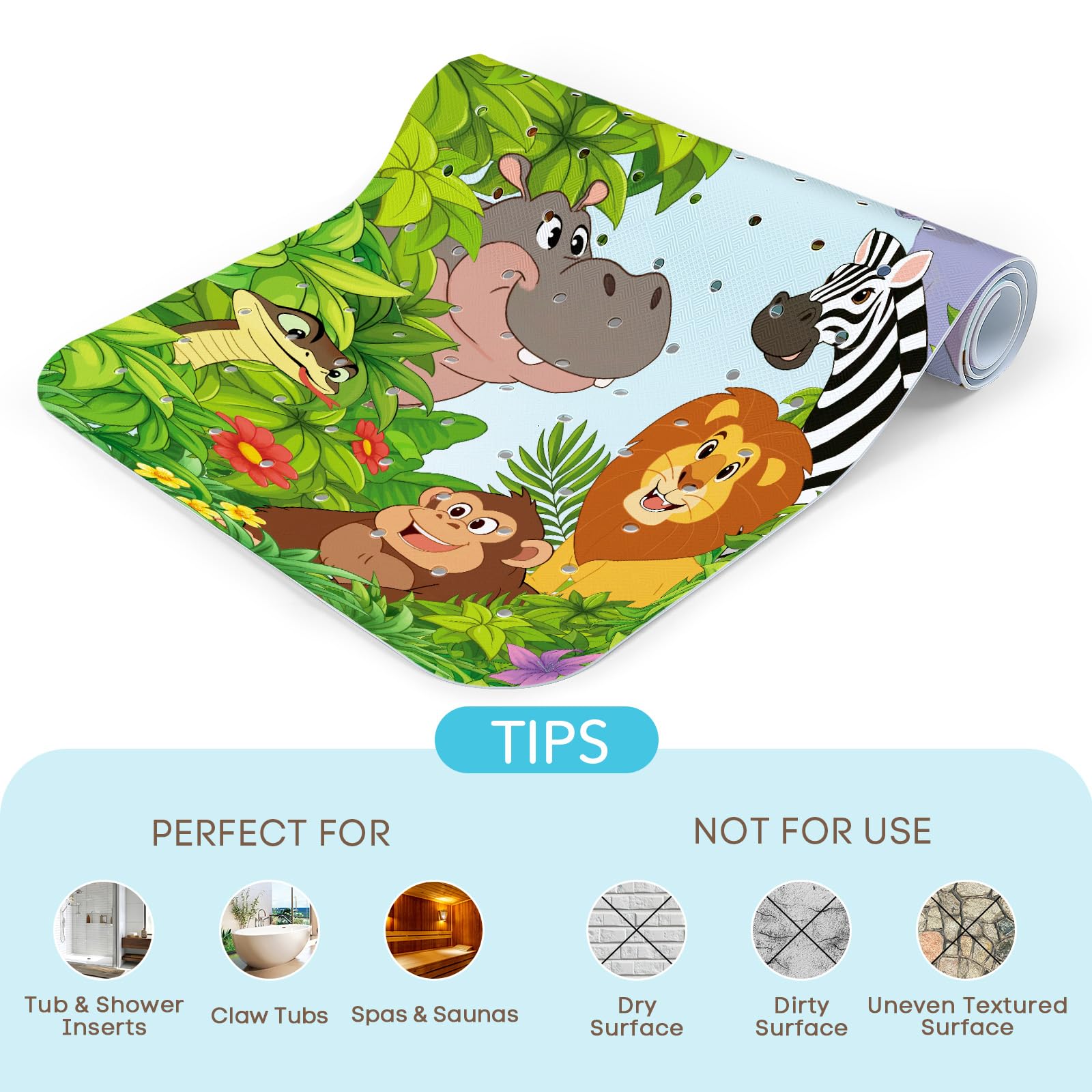 SHUCHING Tapis de Bain Antidérapant Enfant Animaux de la Jungle, Tapis Baignoire Antidérapant Bebe, Réssistant à la Moisissure et Lavable en Machine 100 x 40 cm