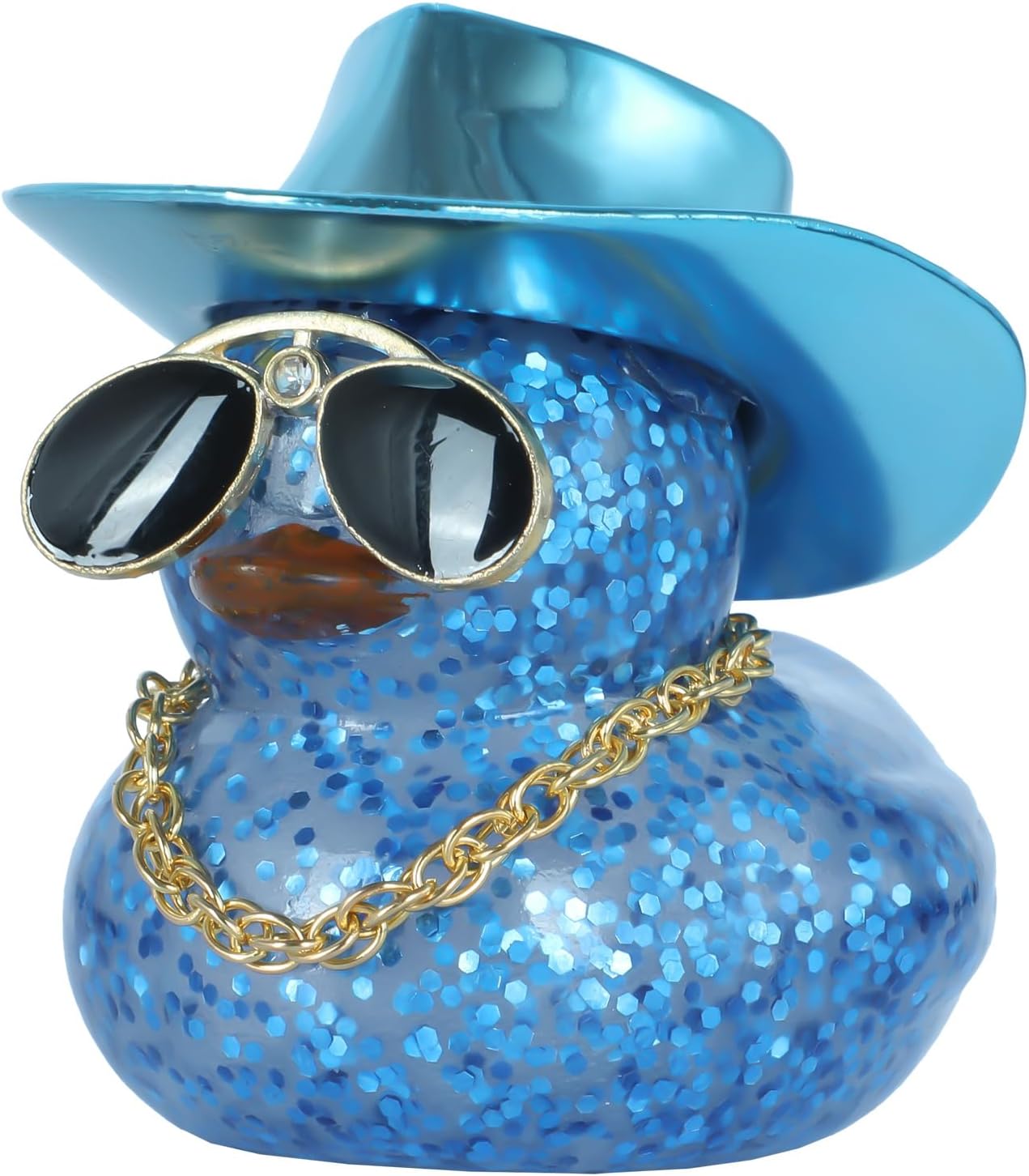 Blue Glitter Rubber Duck Car Dashboard Decor with Cowboy Hat, Diamond Sunglasses & Gold Necklace - Squeeze Squeaky Fun, Safe Silicone for Car Interior, Office, Home Decor