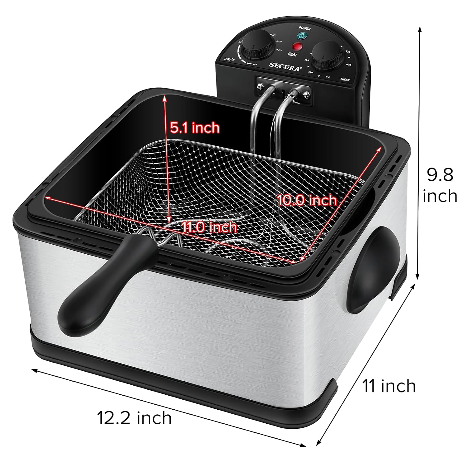 Secura 4 Liters / 17-Cup Stainless-Steel 1700-Watt Electric Deep Fryer with Timer Free Extra Odor Filter, Triple Basket, 4.5 Quarts, Silver, view 2