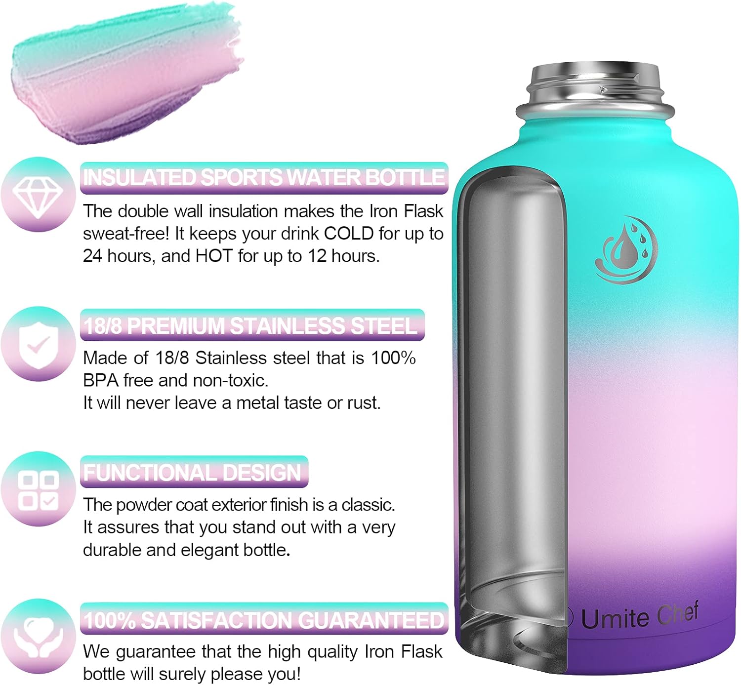 Umite Chef Water Bottle, Vacuum Insulated Wide Mouth Stainless-Steel Sports 18-87OZ Water Bottle with New Wide Handle Straw Lid ,Hot Cold, Double Walled Thermo Mug : Home & Kitchen