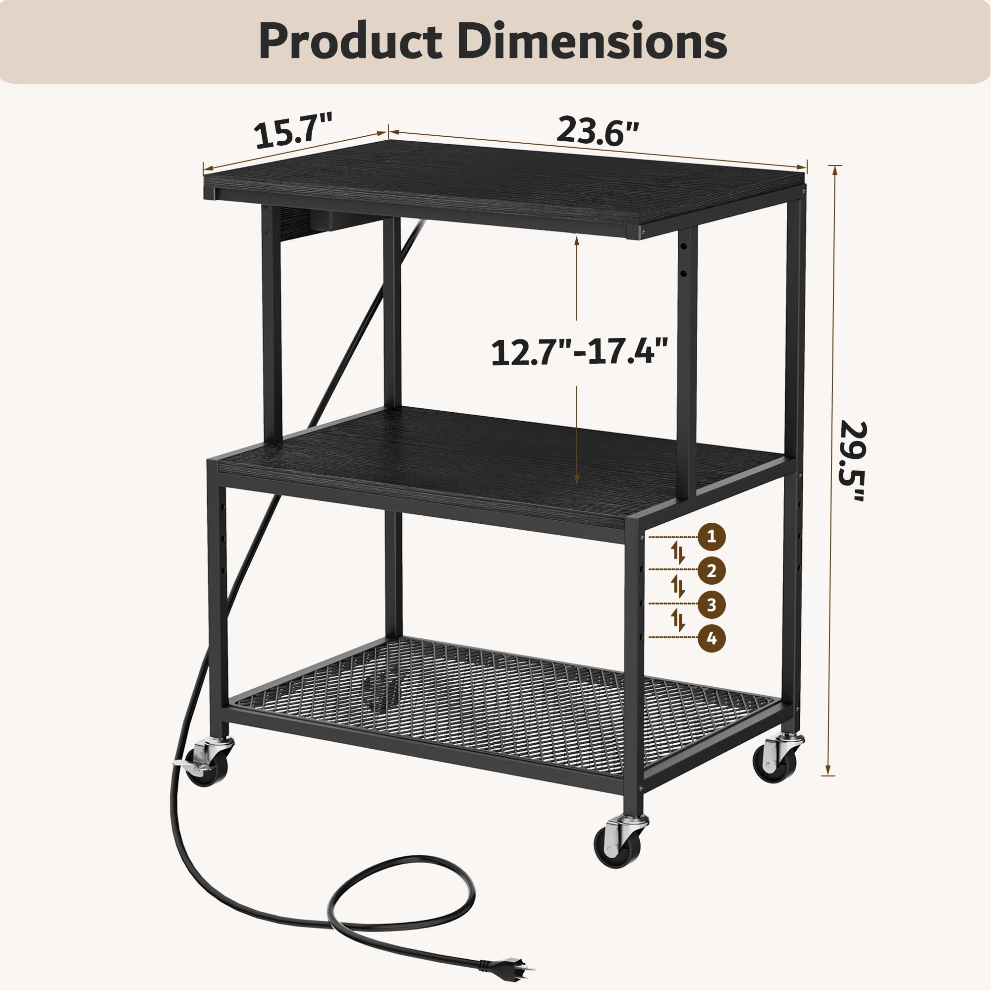 IDEALHOUSE Large Printer Stand With Power Outlets And USB Charging Ports Mobile Printer Table Adjustable Shelf 3 Tier Rolling Printer Cart Wheels Home Office