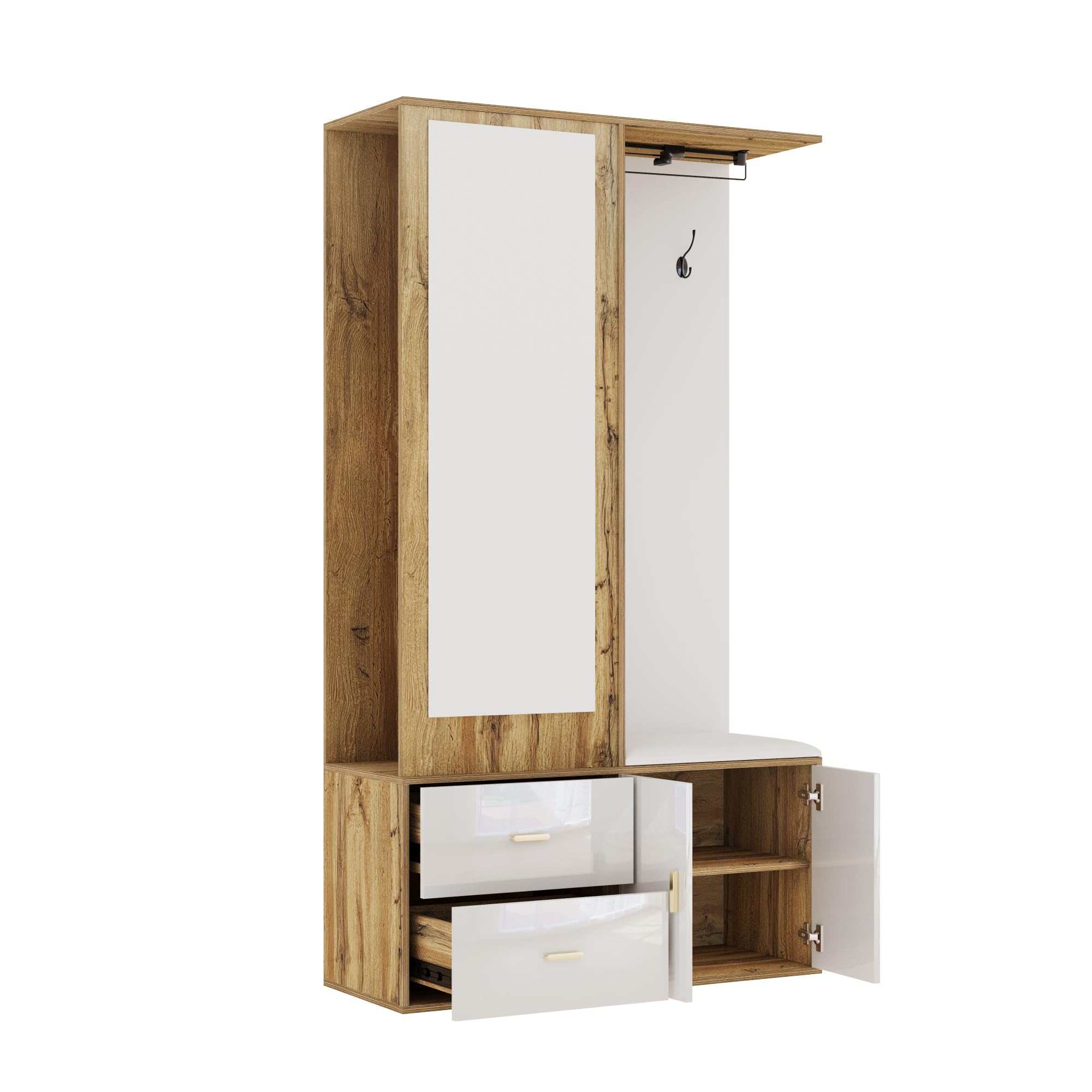 Elegante juego de perchero en colores blanco y madera con espejo, zapatero, zapatero con gancho y barra extensible (color blanco y madera)