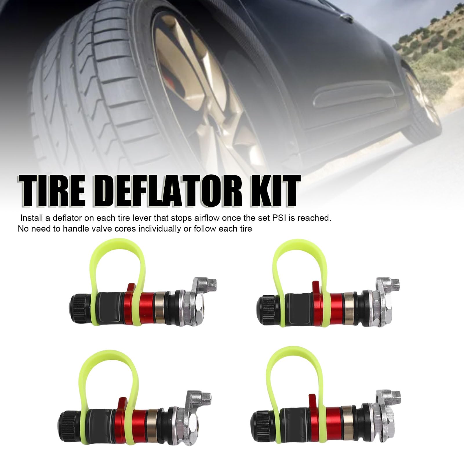 FILFEEL Kit de Desinflador de Neumáticos de Aluminio de 4 Piezas – Deflactores de Neumáticos Preestablecidos de 10 a 30 PSI con Llave para Terrenos de y Nieve – Juego de Vástago de Válvula de