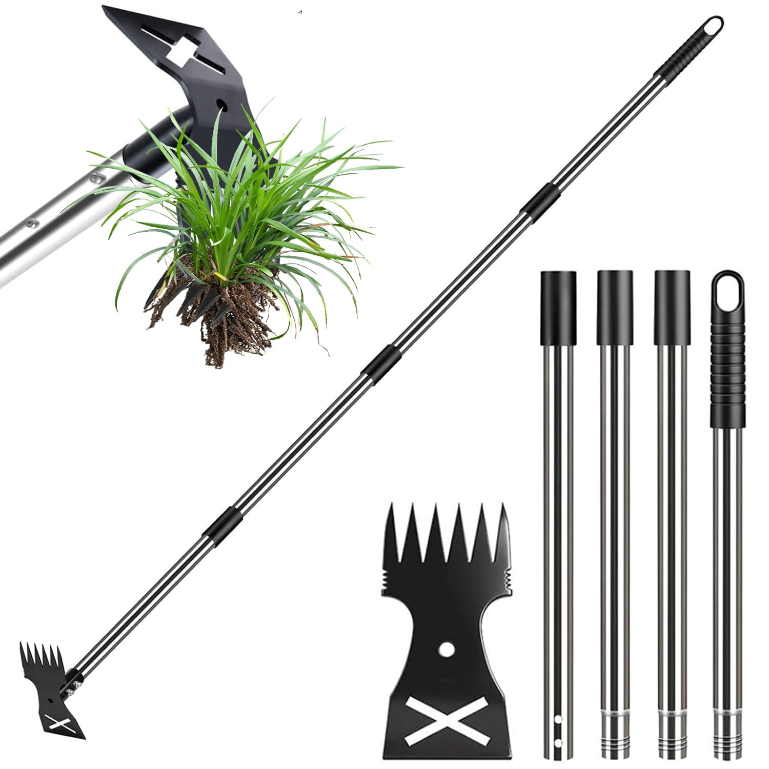 XUDUOO Weed Puller Tool, 2-in-1 Gardening Hand Tools Weeds Remover, 150cm Long Handle Weed Remover Tool, Hoe Garden Tool Heavy Duty Weeding Pull for Yard, Lawn, Patio, Garden