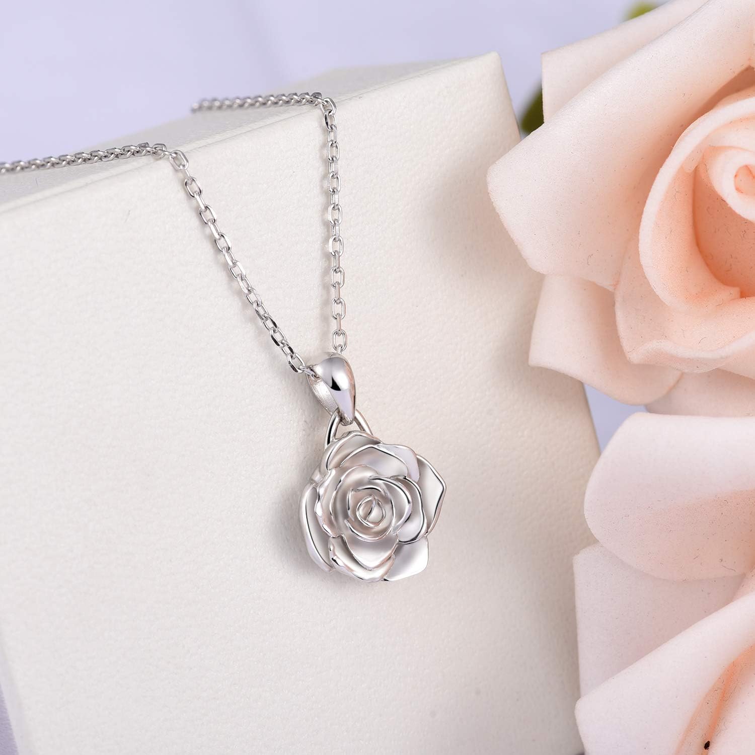 BEILIN 925 Sterling Silver Rose Flower Necklace Rose Pendant Necklaces Jewelry for Women - Image 3