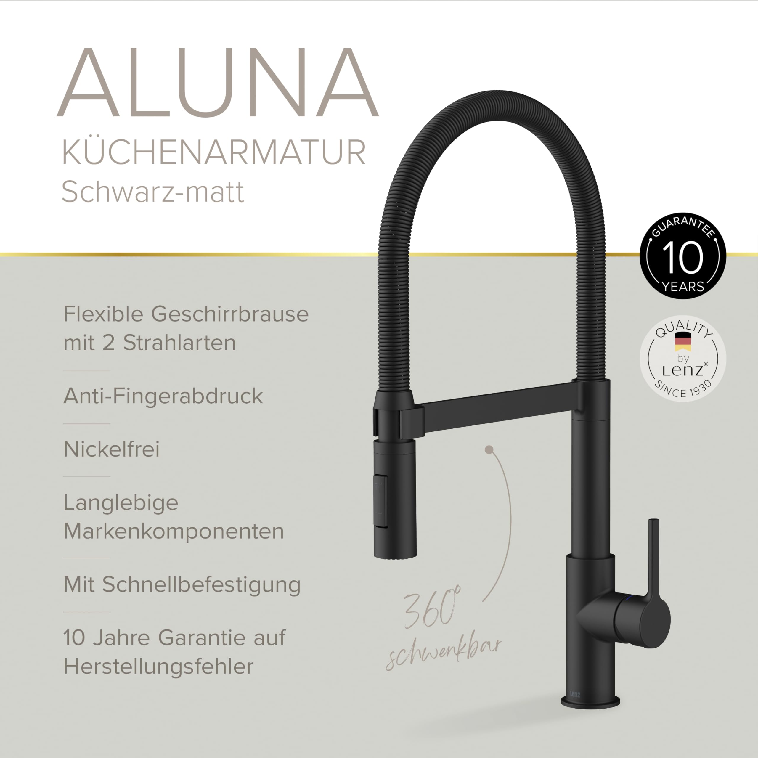 Lenz Küchenarmatur ALUNA in Schwarz-matt – Federbrause, 360° schwenkbar | Pendelbrause, 2 Strahlarten, Magnetische Halterung, Anti-Fingerabdruck Oberfläche, Schnellbefestigung, Höhe 47,5 cm, 46070551